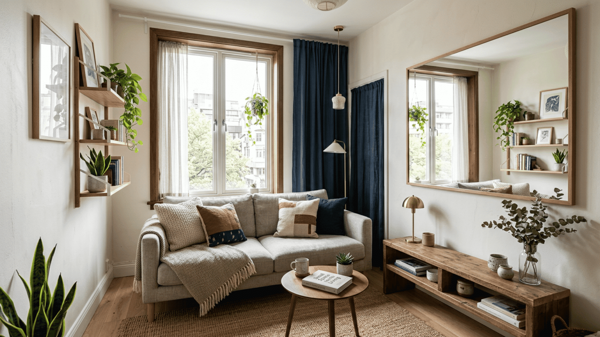 cozy living room with navy curtains wooden decor indoor plants soft lighting and modern neutral furnishings