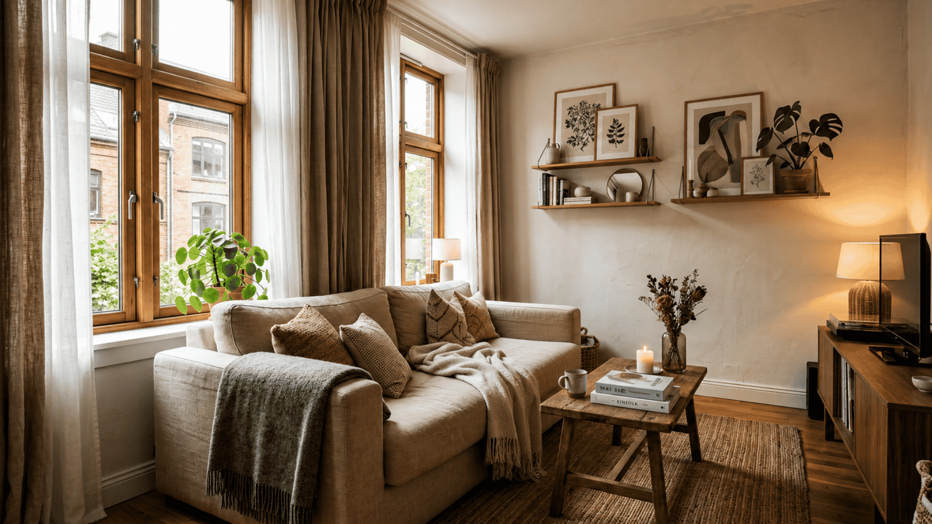 cozy living room with soft lighting wooden decor neutral tones and large sunlit windows