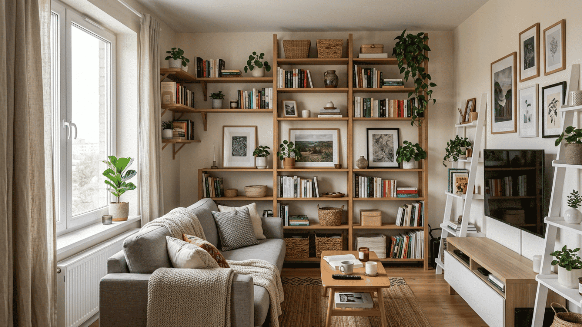 cozy living room with tall bookshelves soft neutral decor indoor plants and warm natural daylight