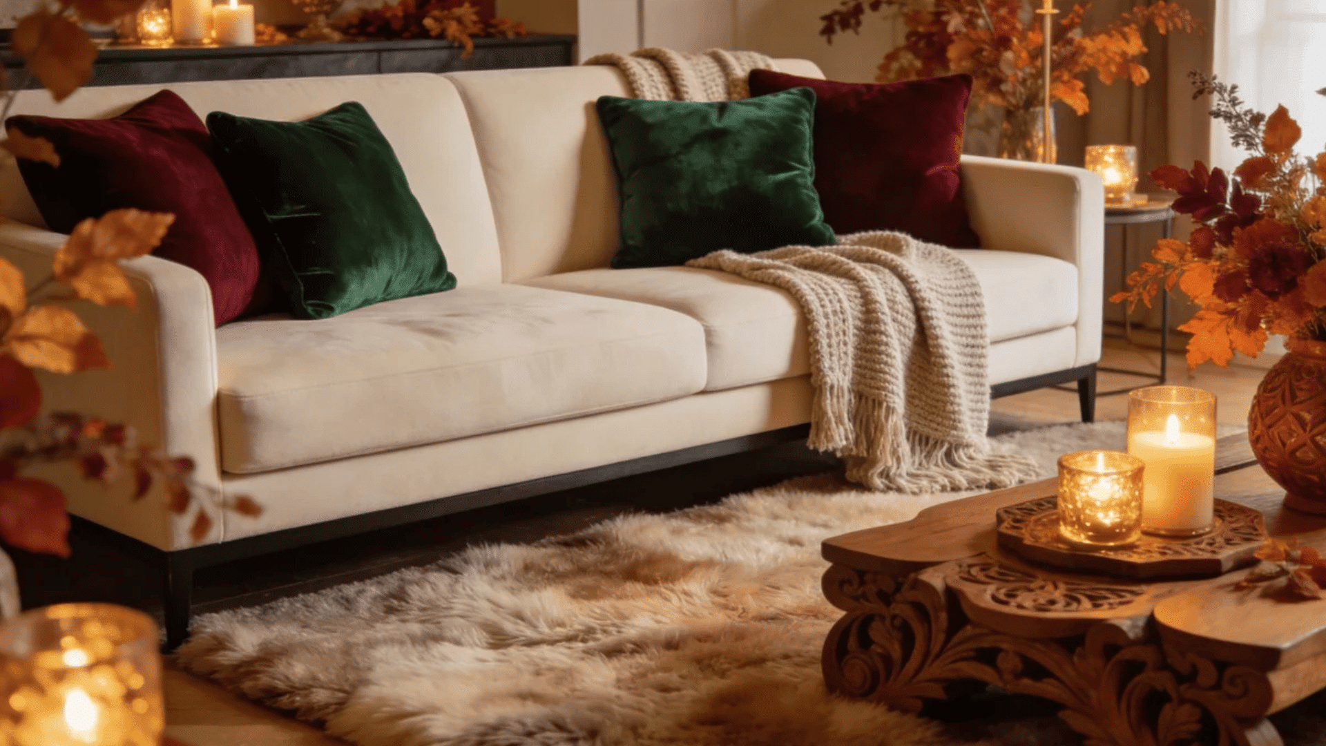 cozy living room with velvet pillows glowing candles soft blanket and warm autumn evening decor