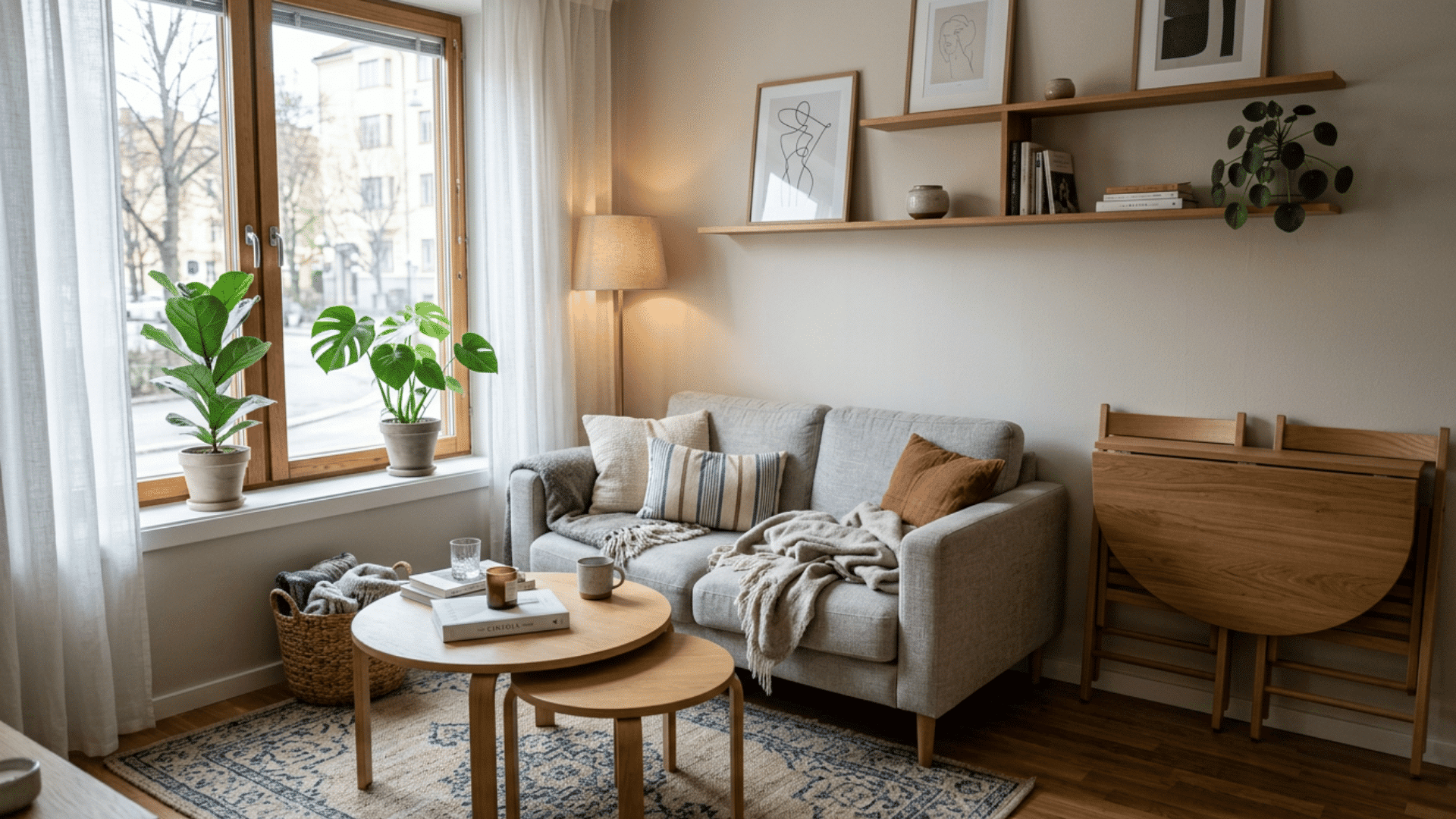 cozy living room with wooden furniture soft textiles indoor plants and warm natural window lighting