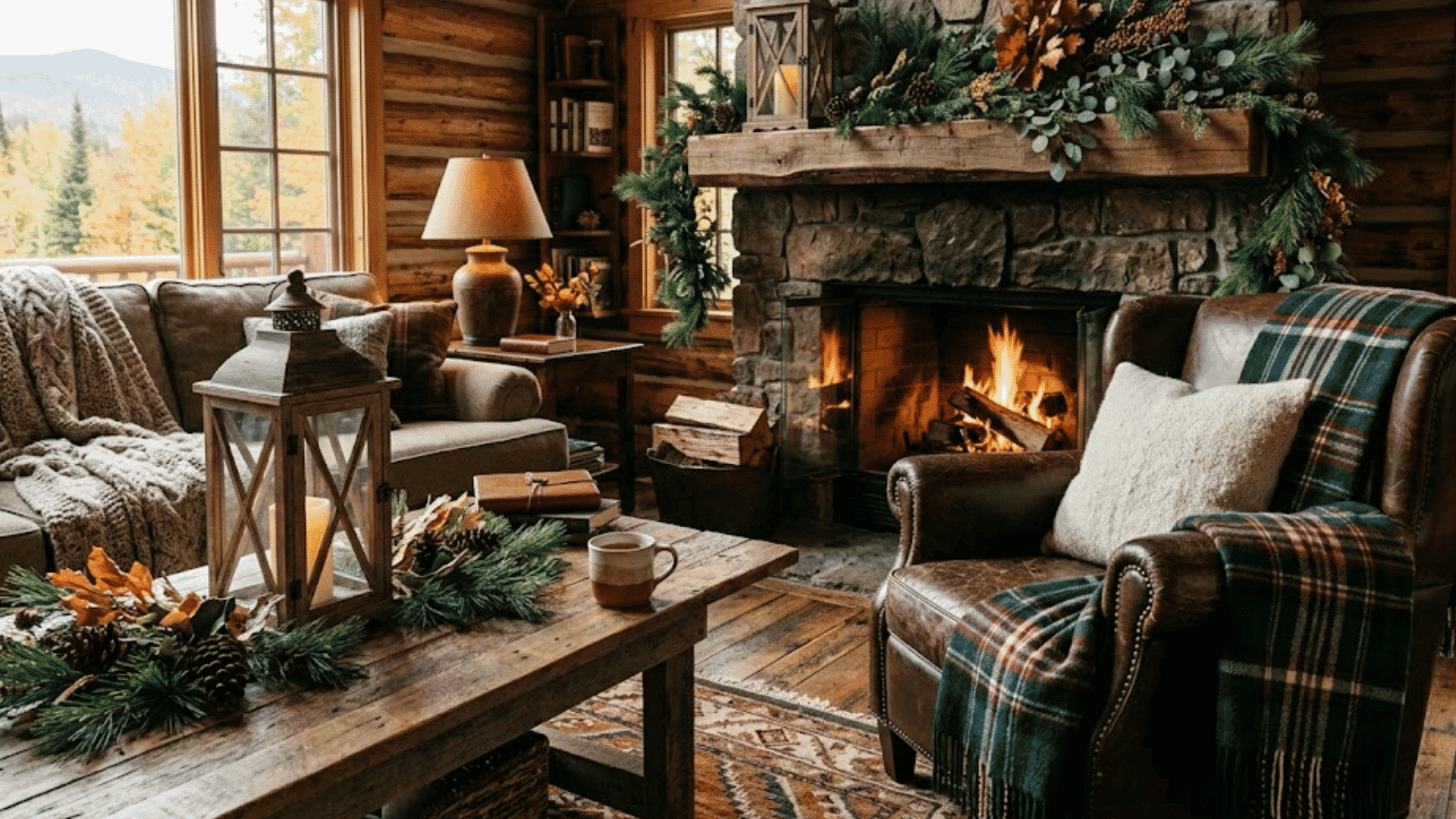 cozy log cabin living room with stone fireplace plaid blankets and warm rustic autumn decor accents