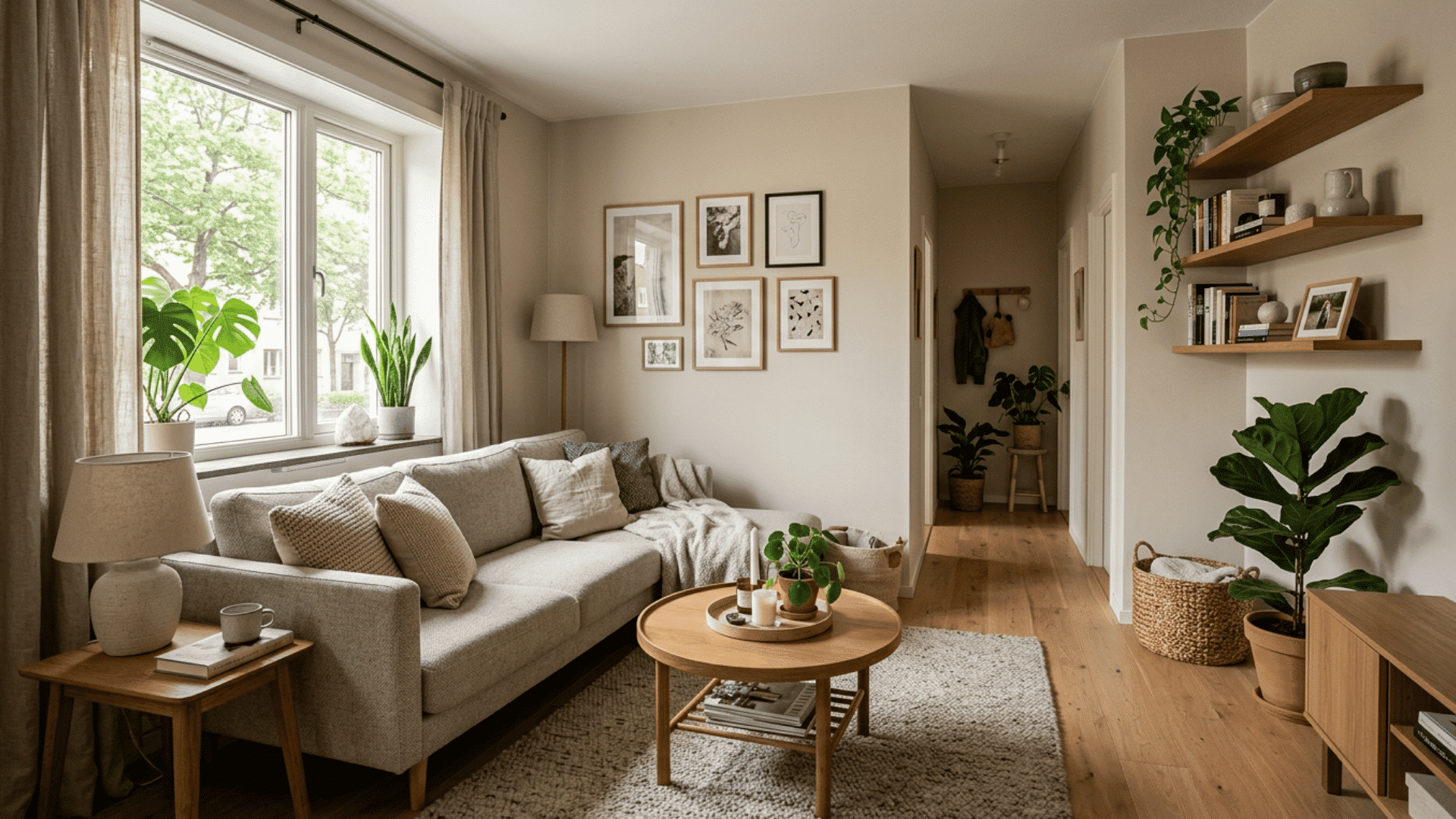 cozy minimalist living room with neutral decor indoor plants wooden accents and soft natural light
