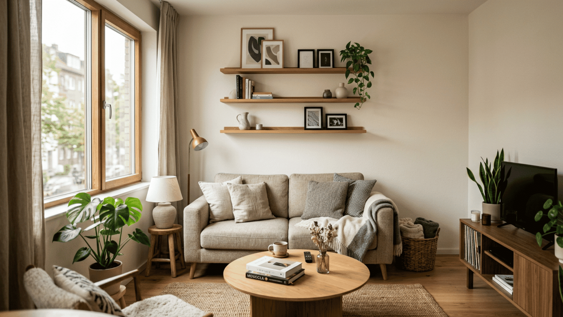 cozy minimalist living room with neutral tones wooden accents indoor plants and soft natural light
