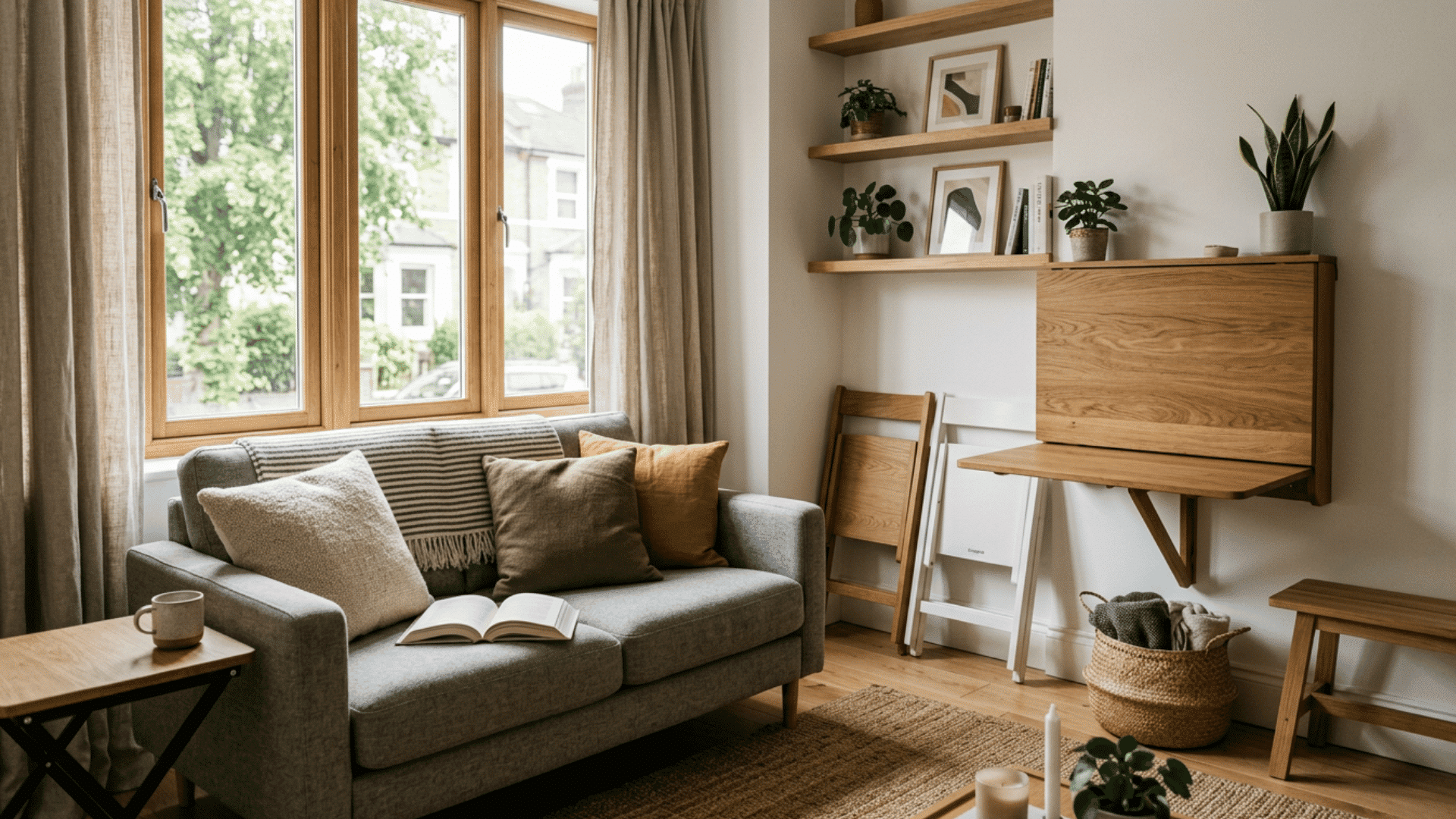 cozy modern living room with compact workspace wooden decor and soft natural window light