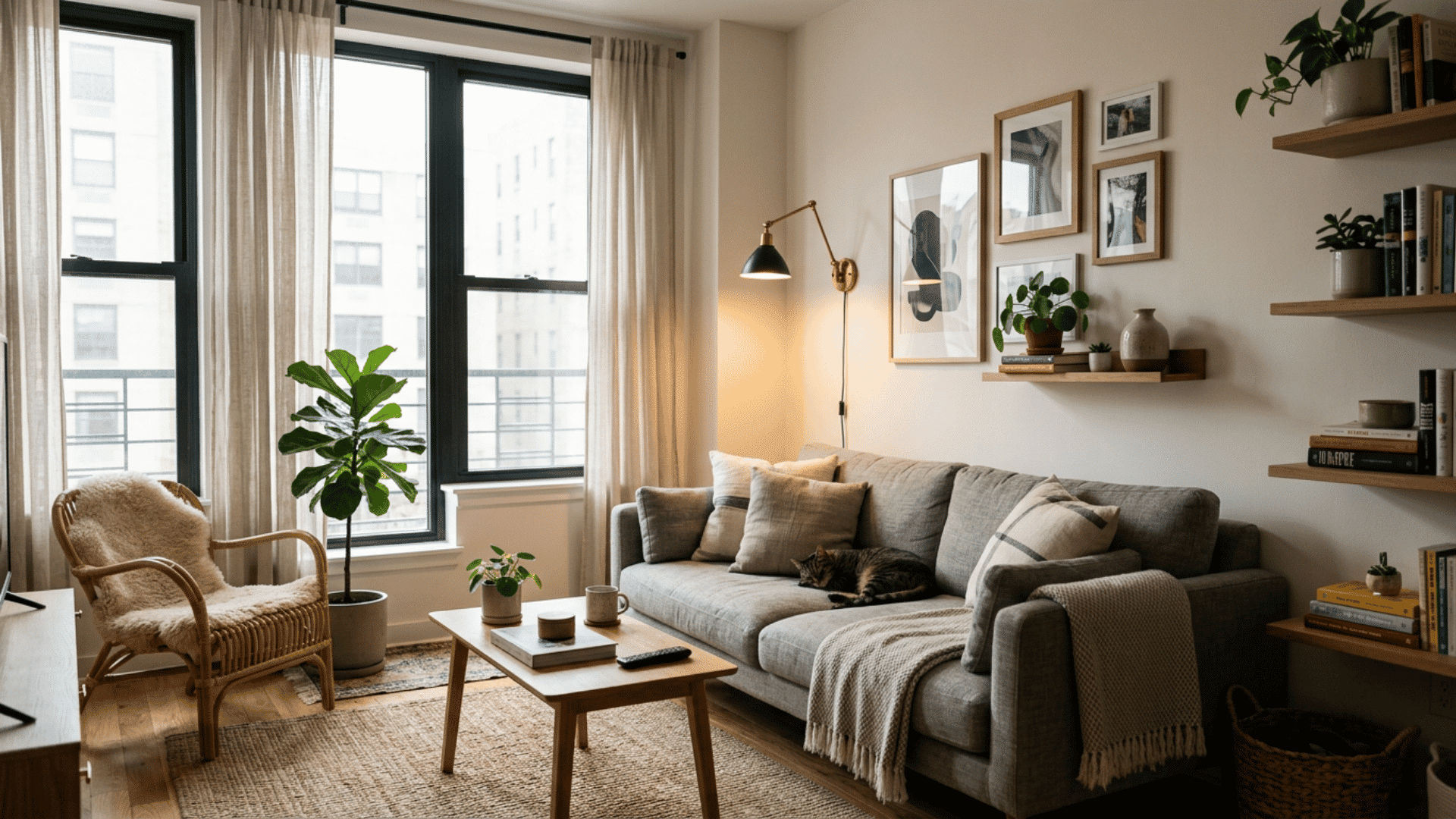 cozy modern living room with gray sofa indoor plants warm lighting and cat resting on soft cushions