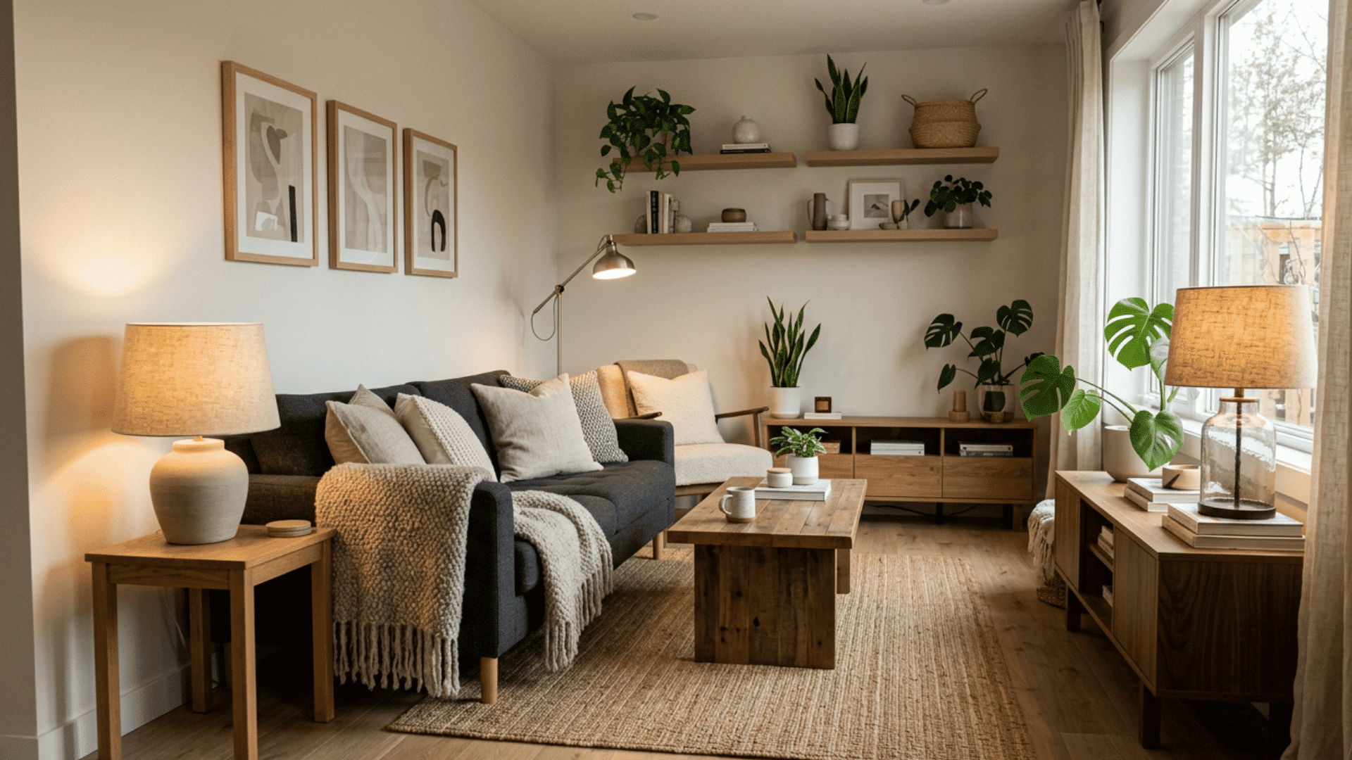 cozy modern living room with layered textures wooden decor and warm natural daylight by windows