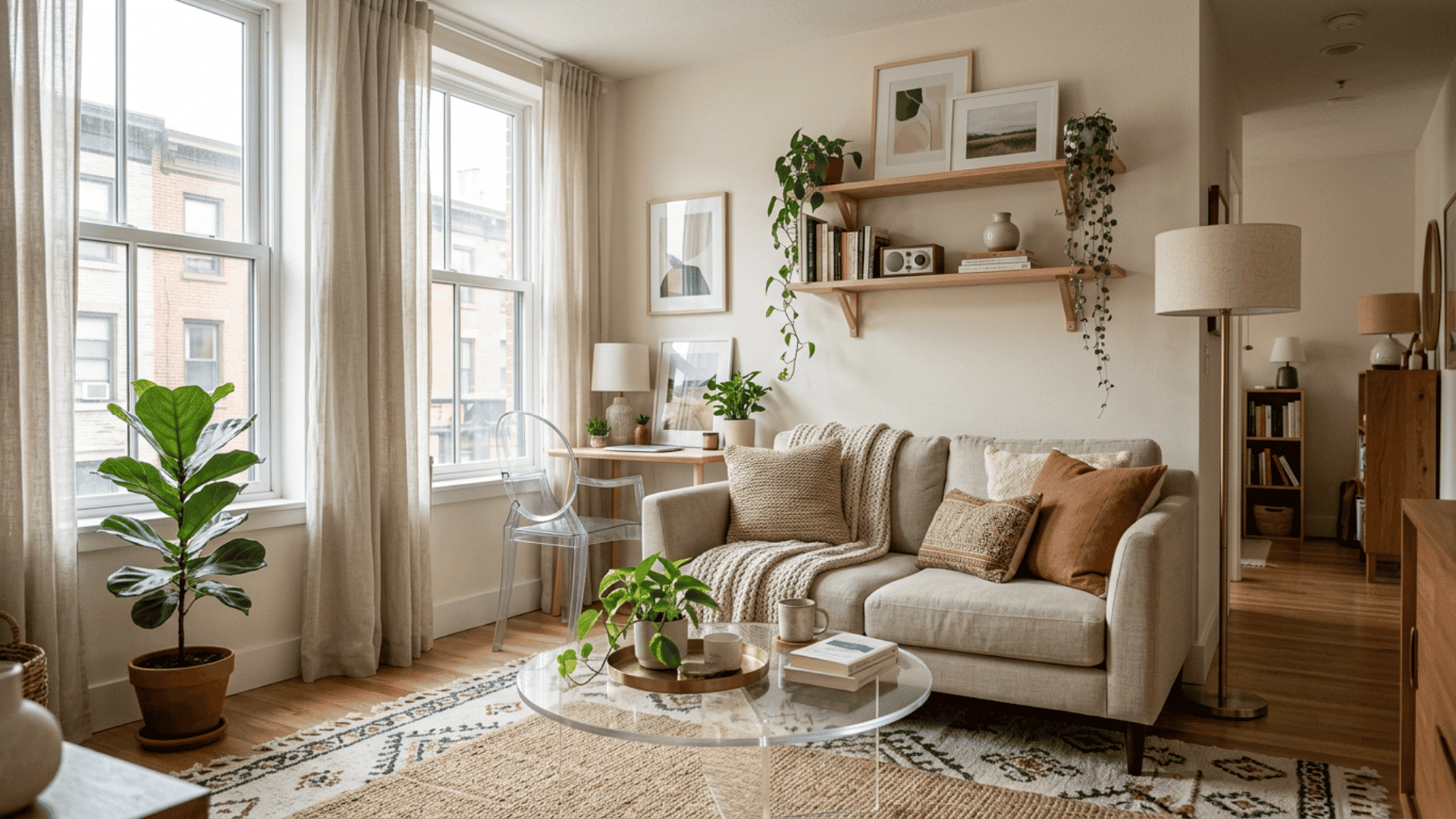 cozy modern living room with neutral decor indoor plants soft lighting and a small workspace nook