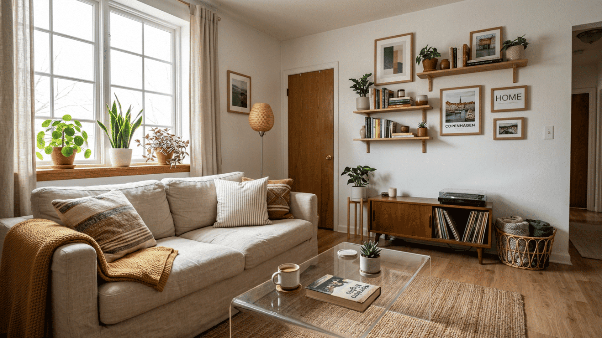 cozy modern living room with neutral sofa wooden decor indoor plants and bright natural window light