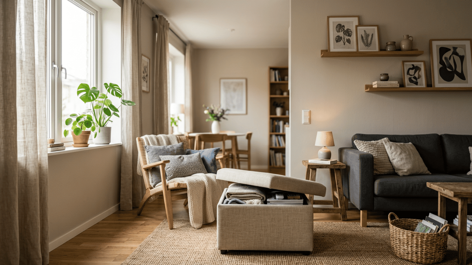 cozy modern living room with soft neutral decor wooden accents and warm natural window light