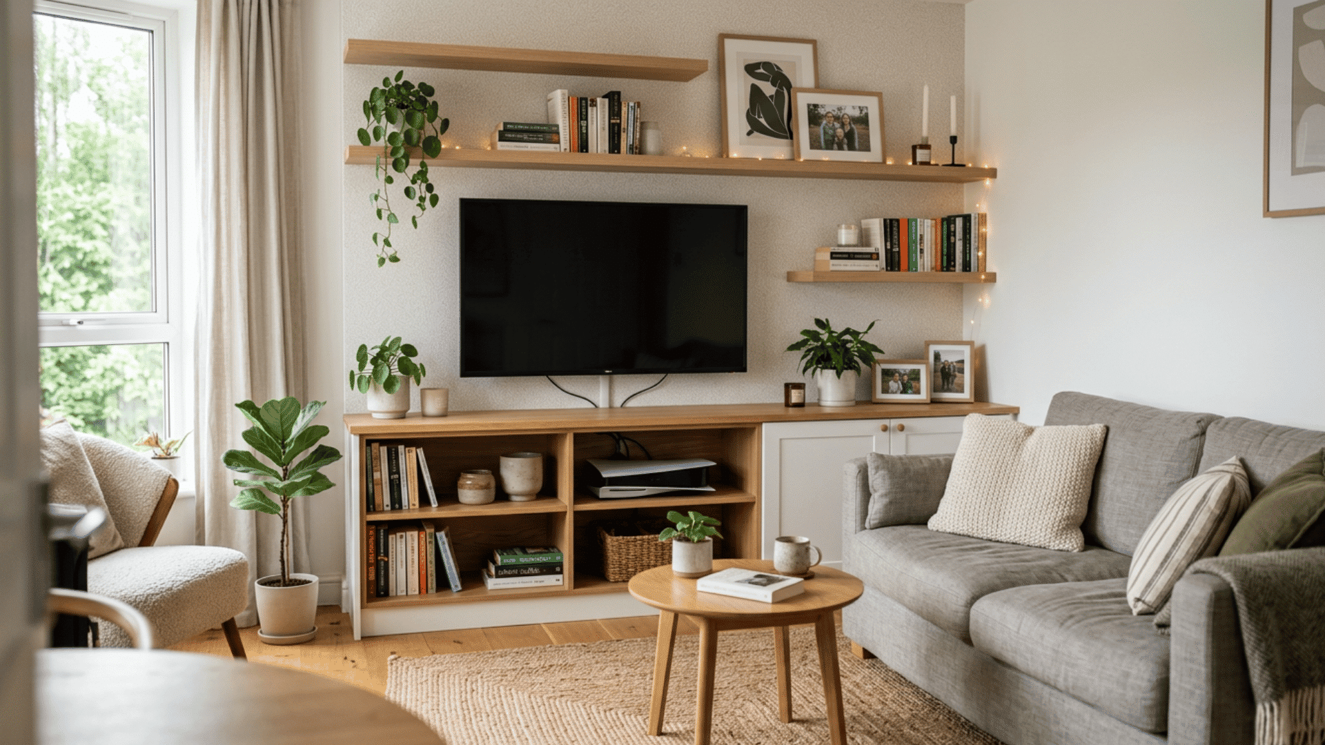 cozy modern living room with wooden shelves soft textures and bright natural window light