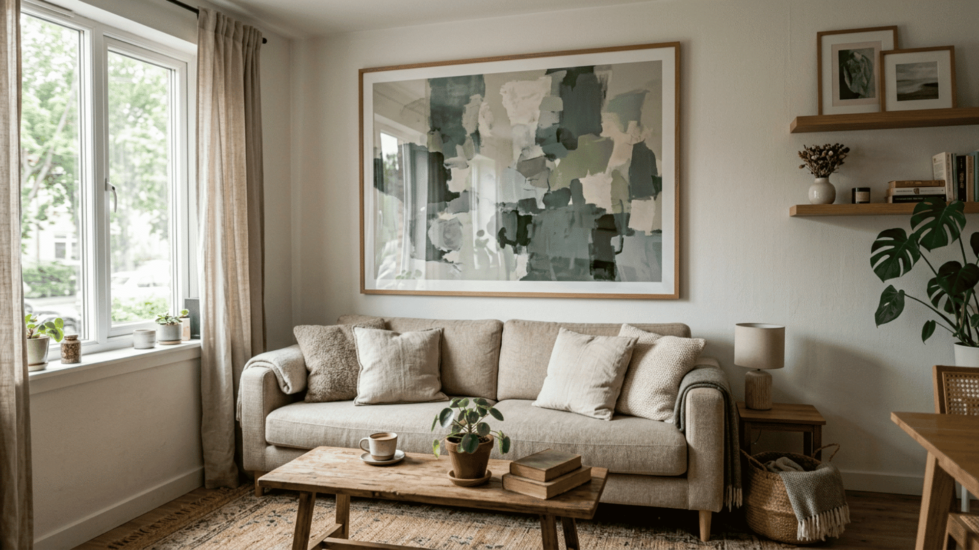 cozy neutral living room with beige sofa abstract wall art wooden decor and soft natural light