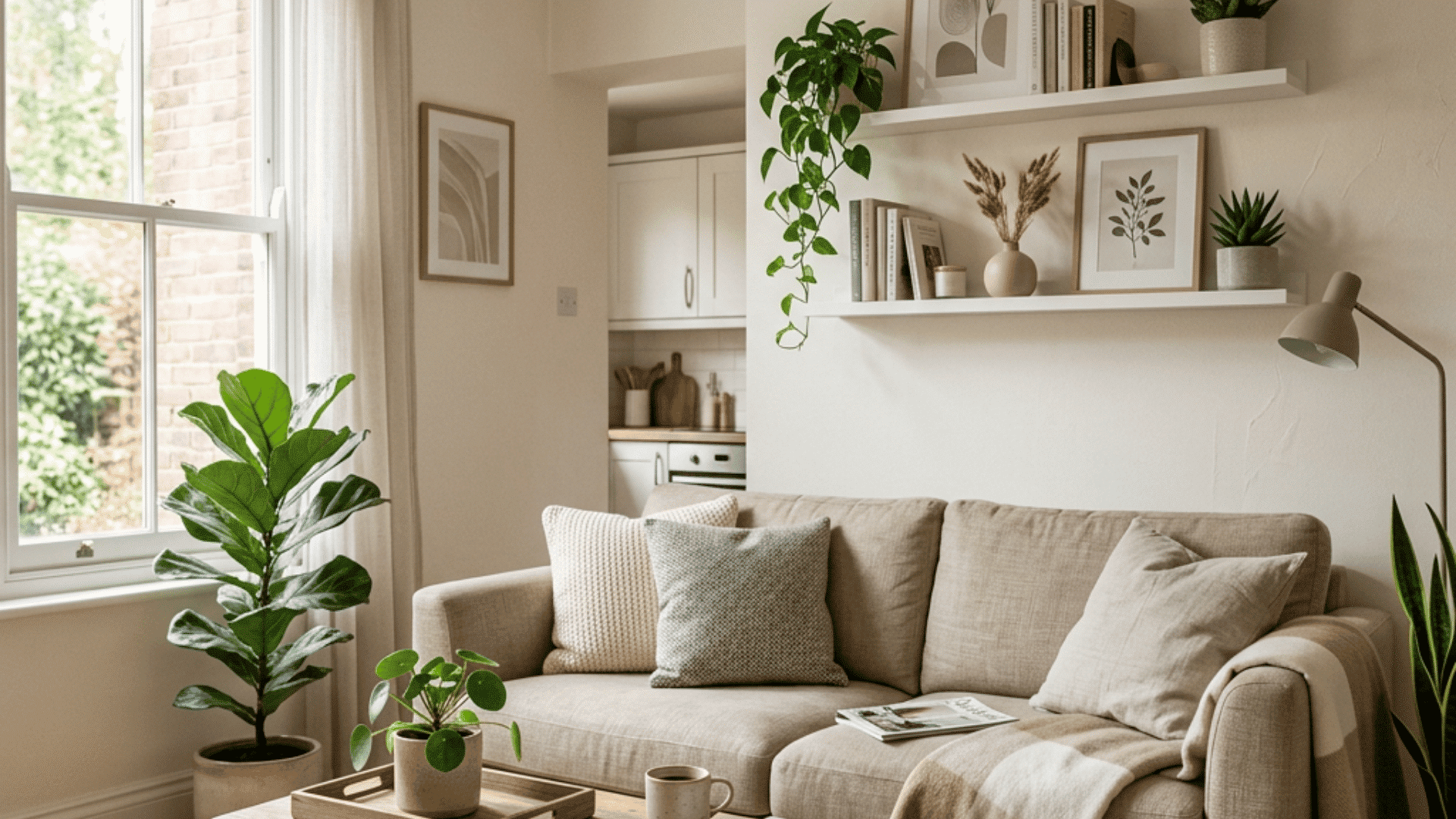 cozy neutral living room with beige sofa wooden decor indoor plants and soft natural window light