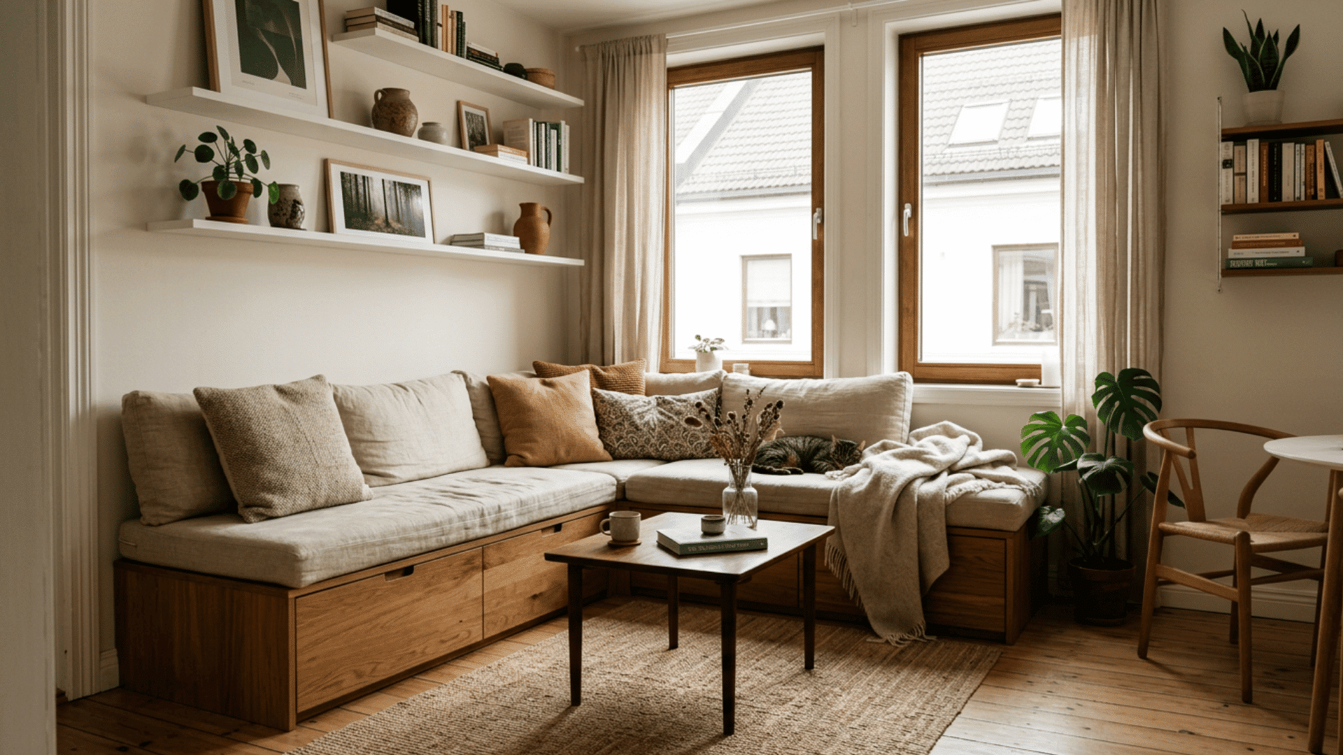 cozy neutral living room with built in wooden sofa soft textiles and warm natural window light