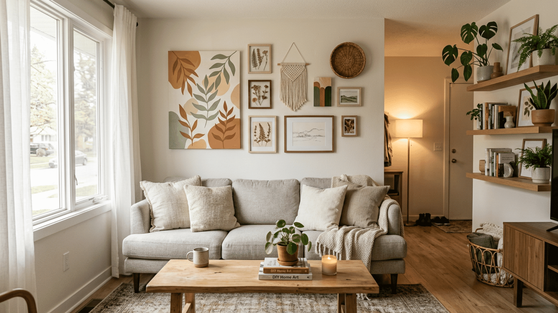 cozy neutral living room with gallery wall indoor plants wooden shelves and warm minimalist decor