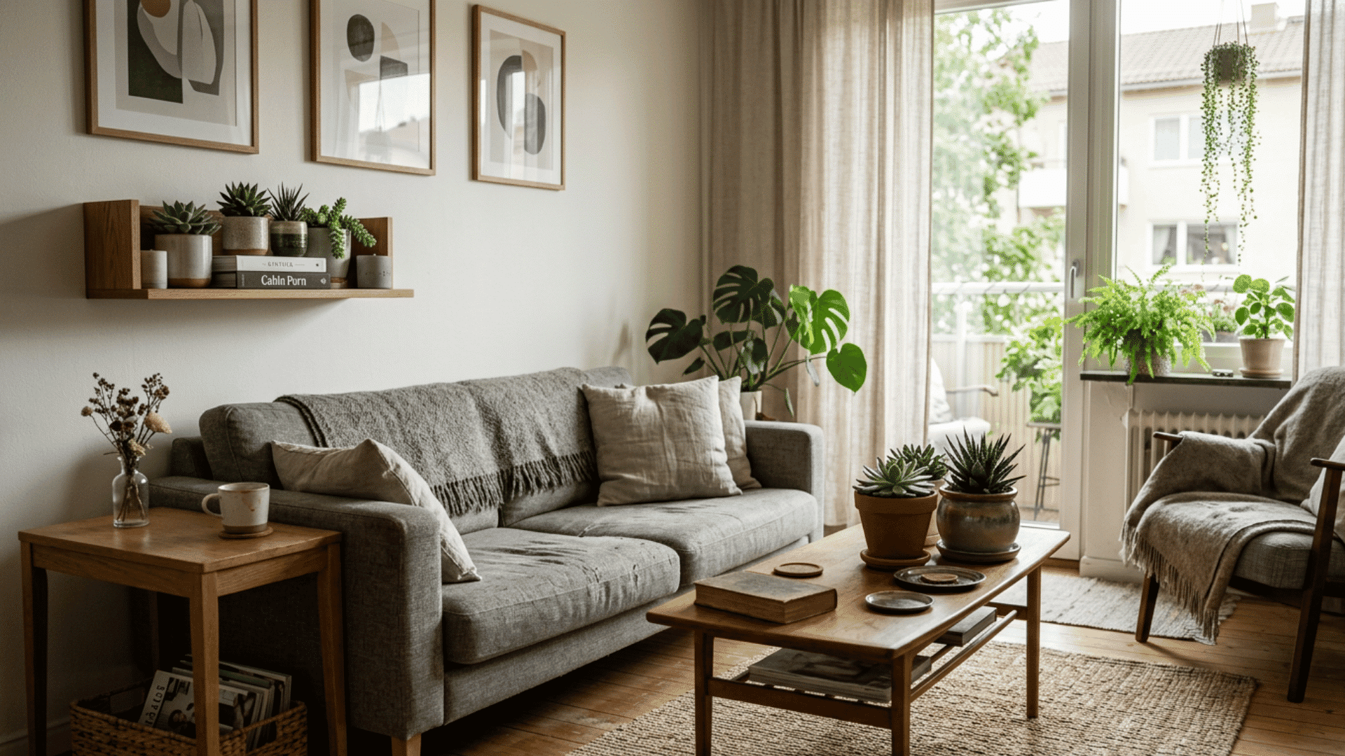 cozy neutral living room with gray sofa indoor plants wooden furniture and soft natural daylight