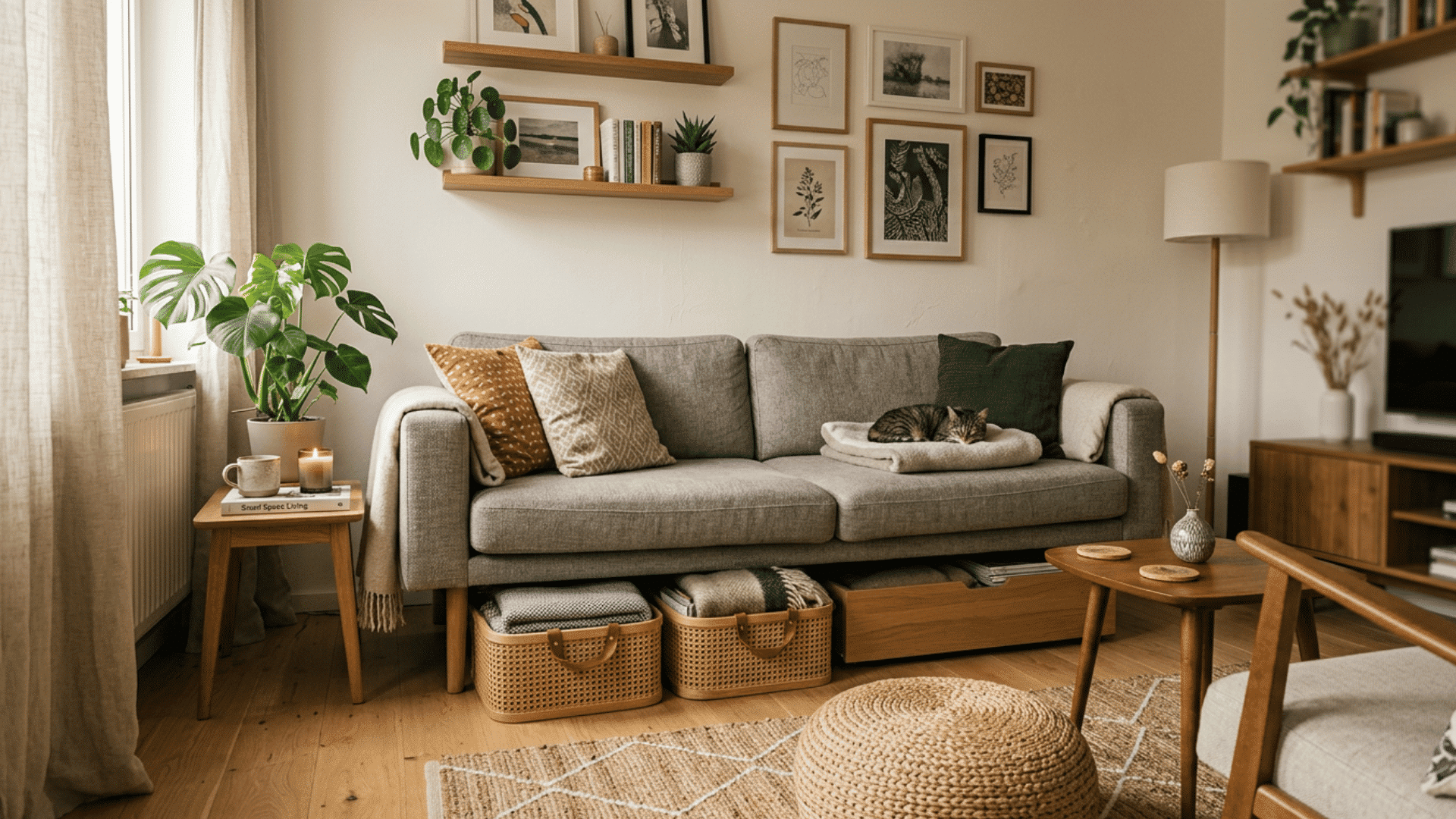 cozy neutral living room with gray sofa woven decor indoor plants and warm natural daylight (1)