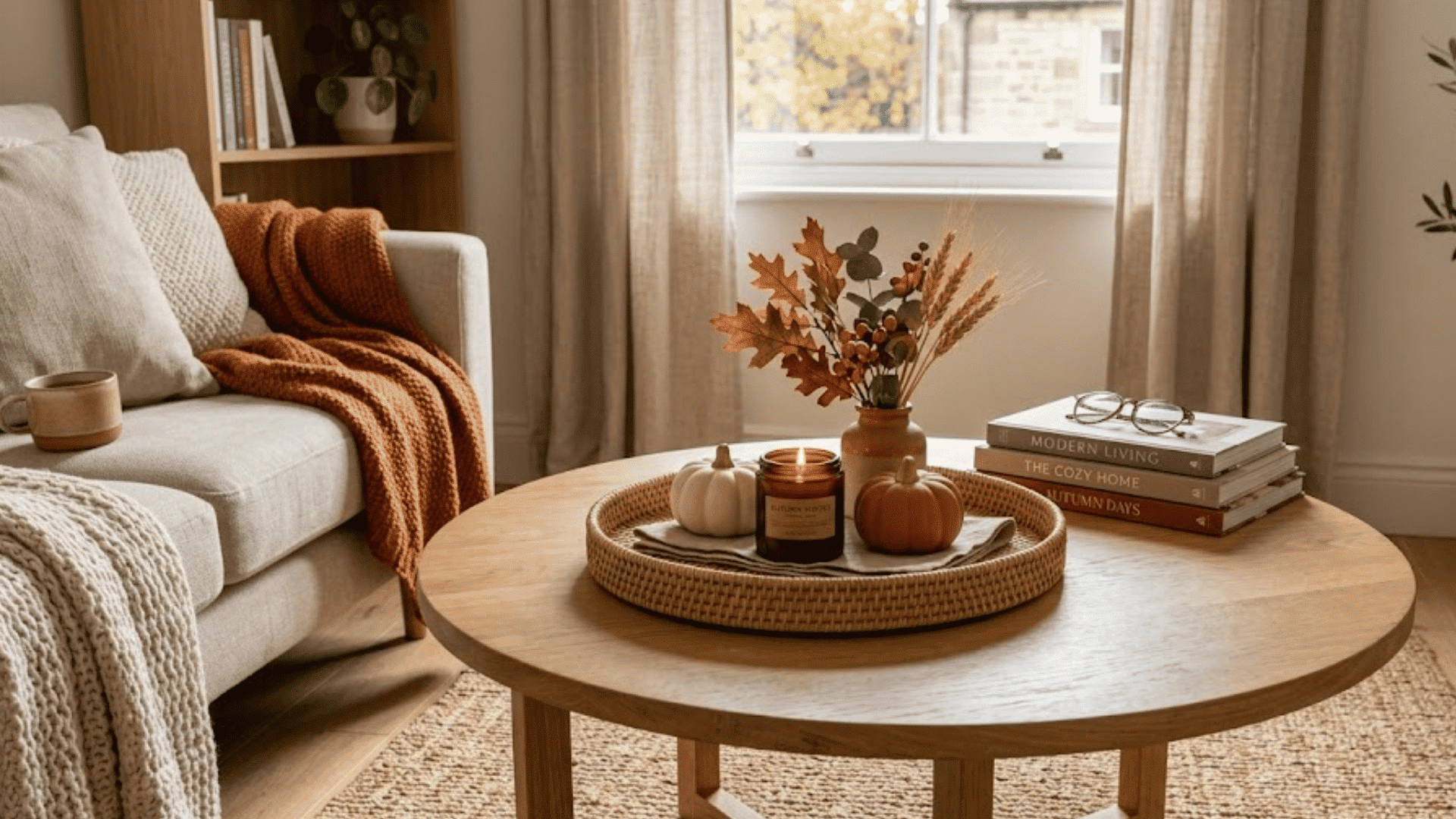 cozy neutral living room with round wooden table pumpkins candle and soft autumn decor accents