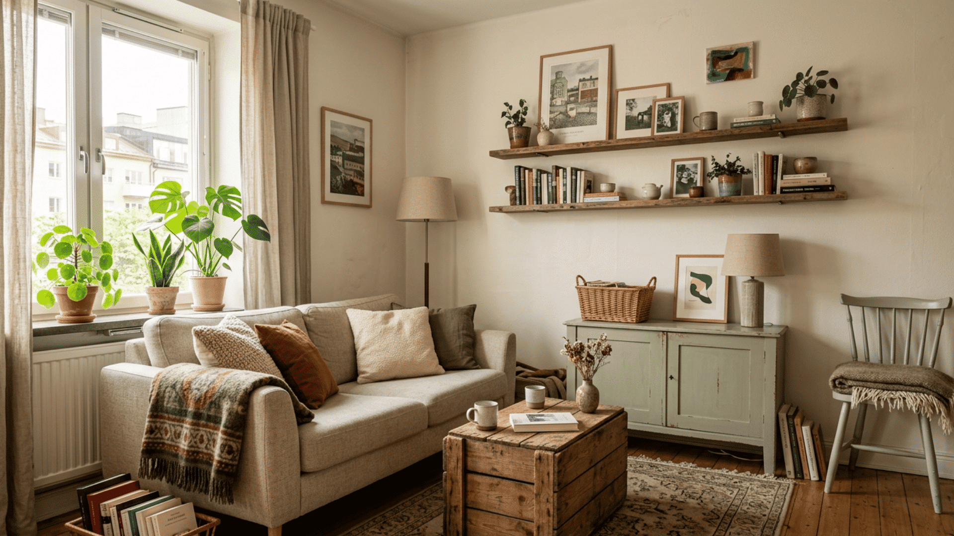 cozy neutral living room with rustic wooden decor indoor plants and warm minimalist styling