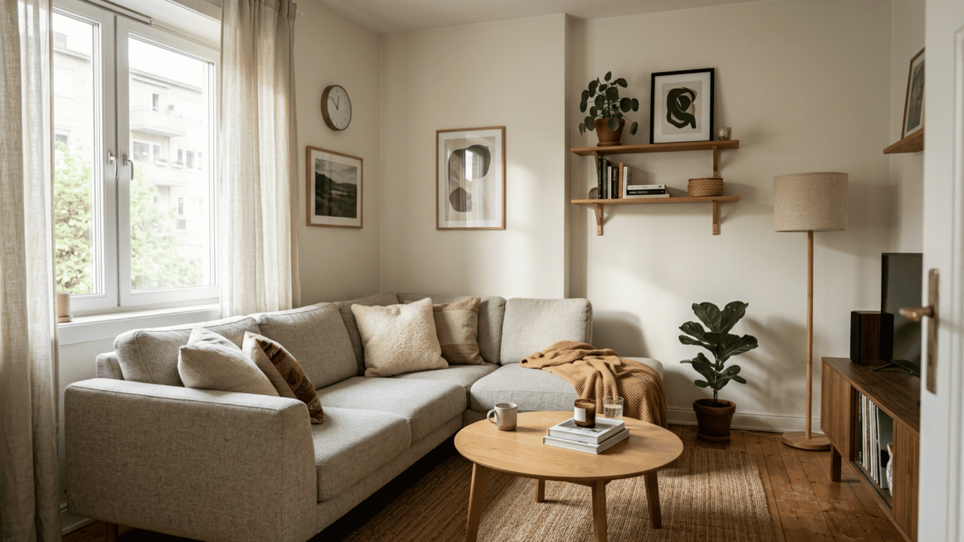 cozy neutral living room with soft beige sofa wooden accents and warm natural daylight
