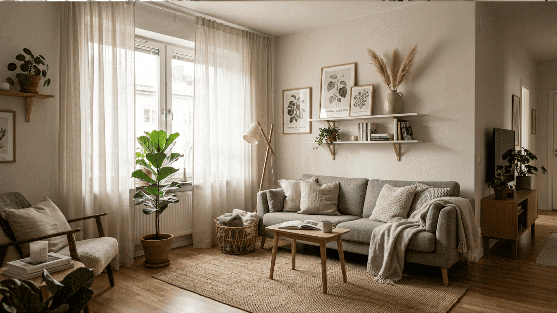 cozy neutral living room with soft curtains wooden accents indoor plants and warm natural daylight