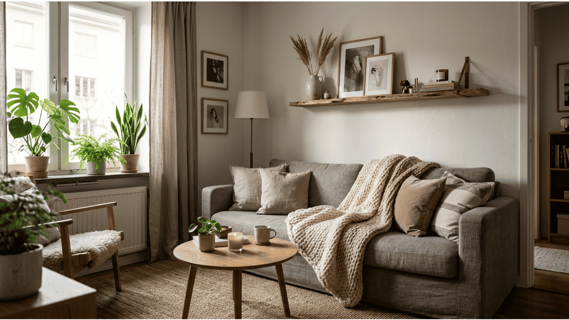 cozy neutral living room with soft knit blanket wooden table indoor plants and warm natural light