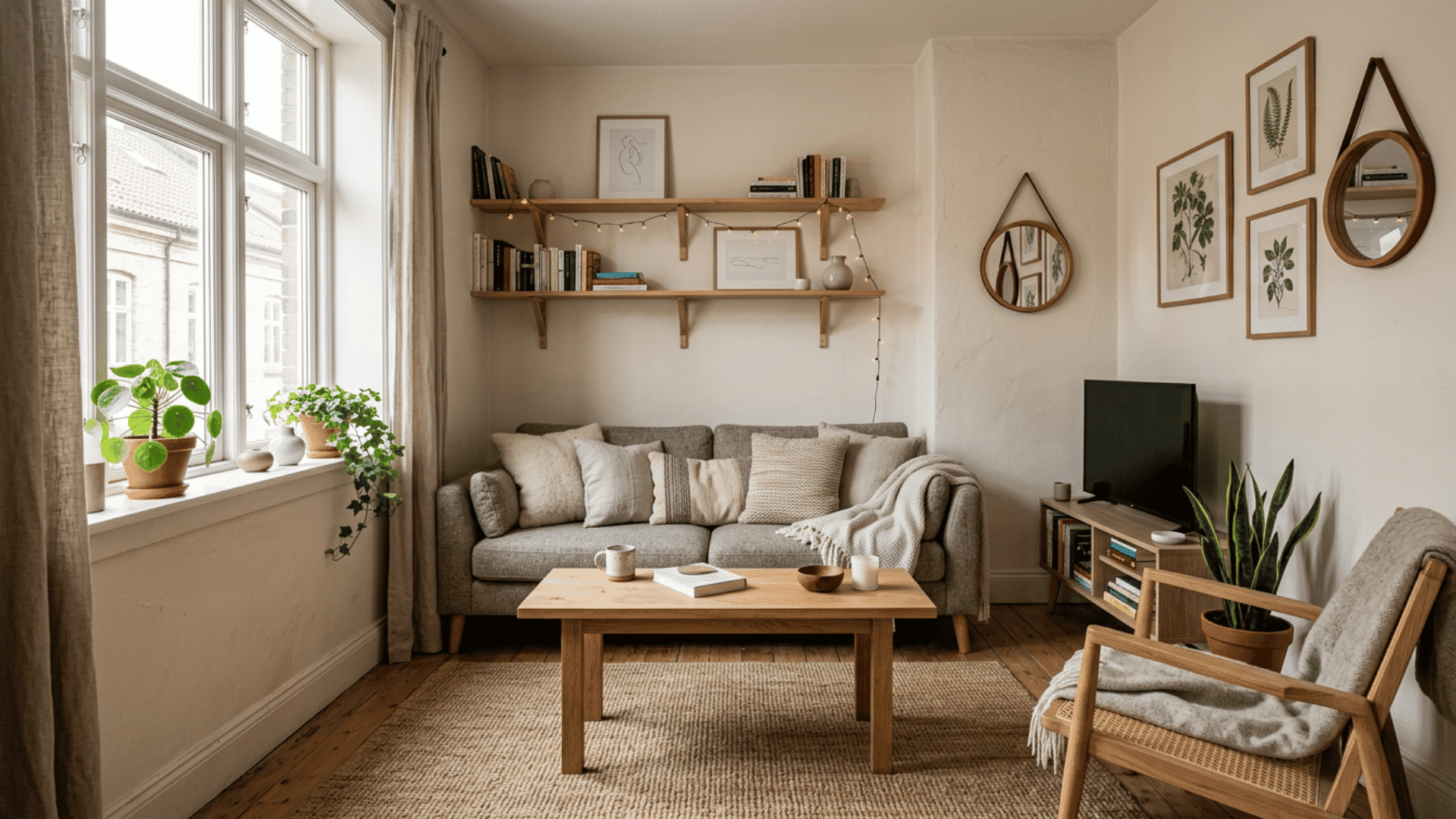 cozy neutral living room with soft lighting wooden furniture indoor plants and minimalist wall decor