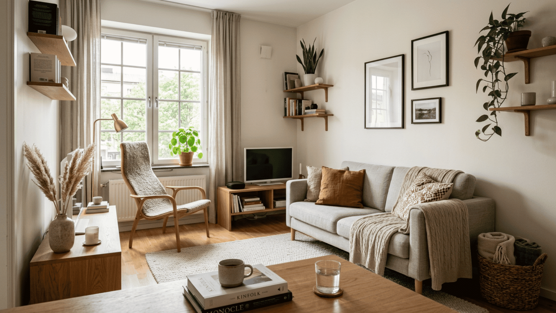cozy neutral living room with soft textiles wooden accents indoor plants and warm natural window light