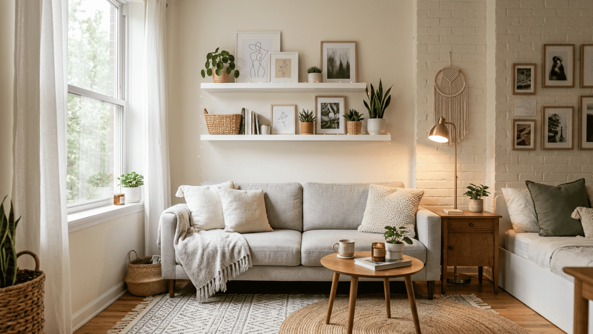 cozy neutral living room with soft textures floating shelves warm lighting and minimalist decor