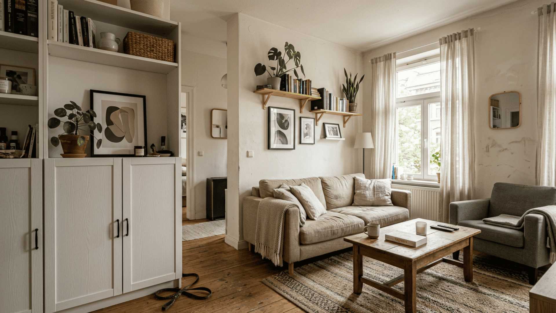 cozy neutral living room with soft textures wooden furniture and warm natural daylight by window