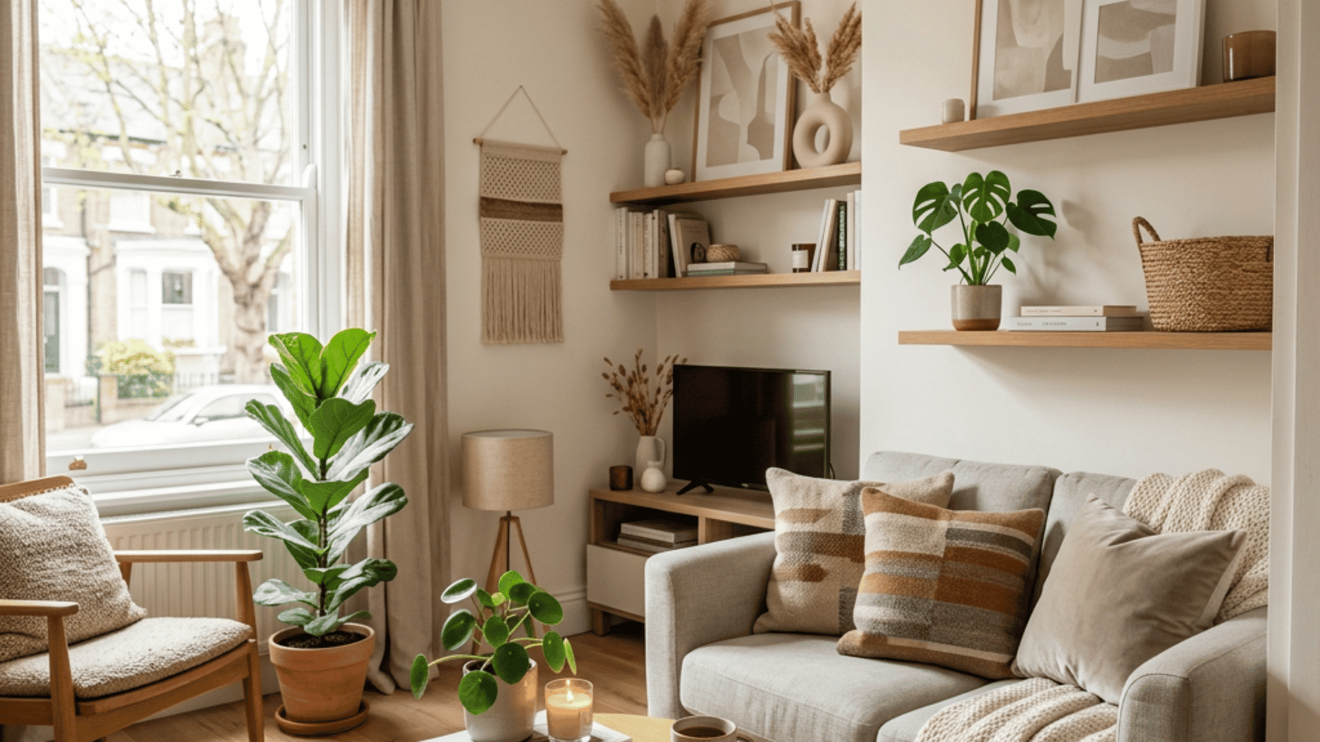 cozy neutral living room with soft textures wooden shelves and warm natural window light