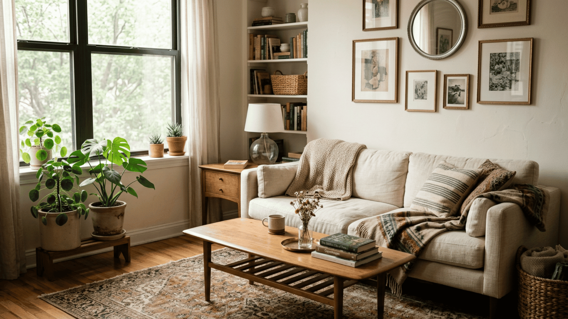 cozy neutral living room with vintage rug indoor plants wooden furniture and soft natural lighting