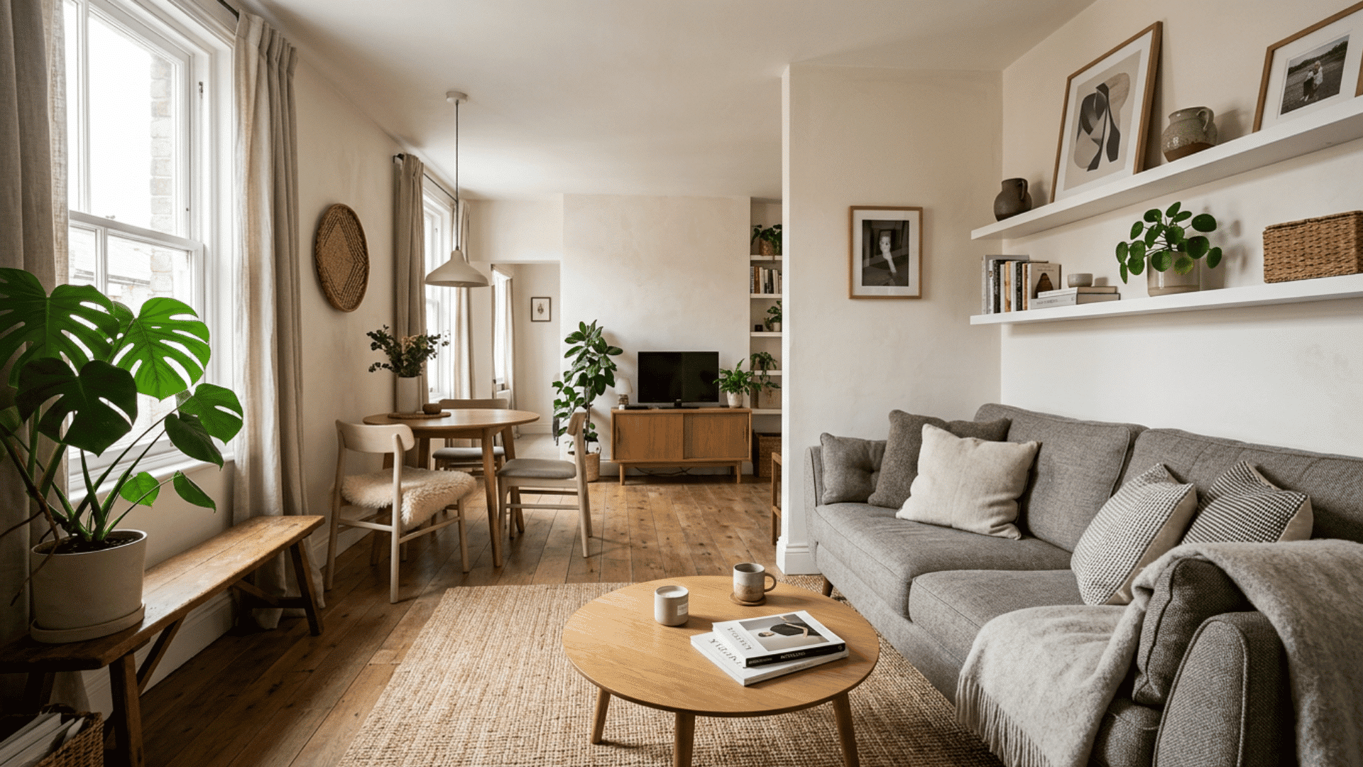 cozy open living room with neutral decor wooden furniture indoor plants and soft natural lighting