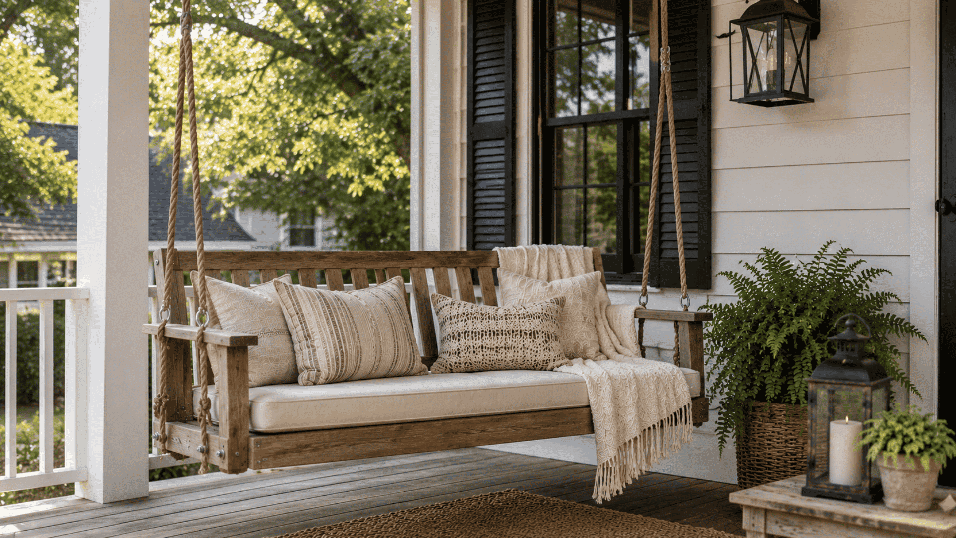 cozy porch swing with soft cushions woven blankets lantern decor and green plants on a bright front porch