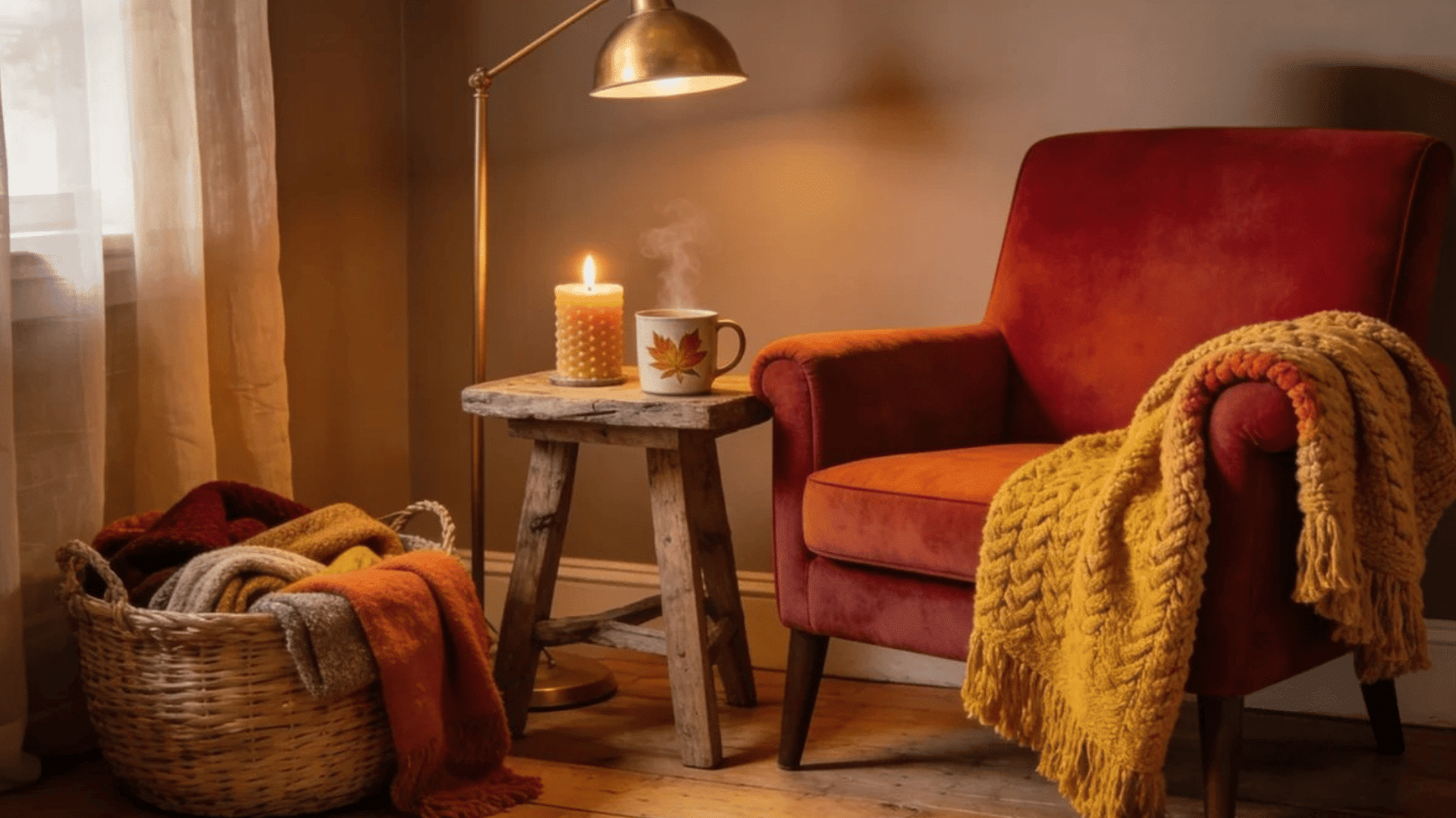 cozy reading corner with red velvet chair knit blanket candlelight and warm autumn decor accents