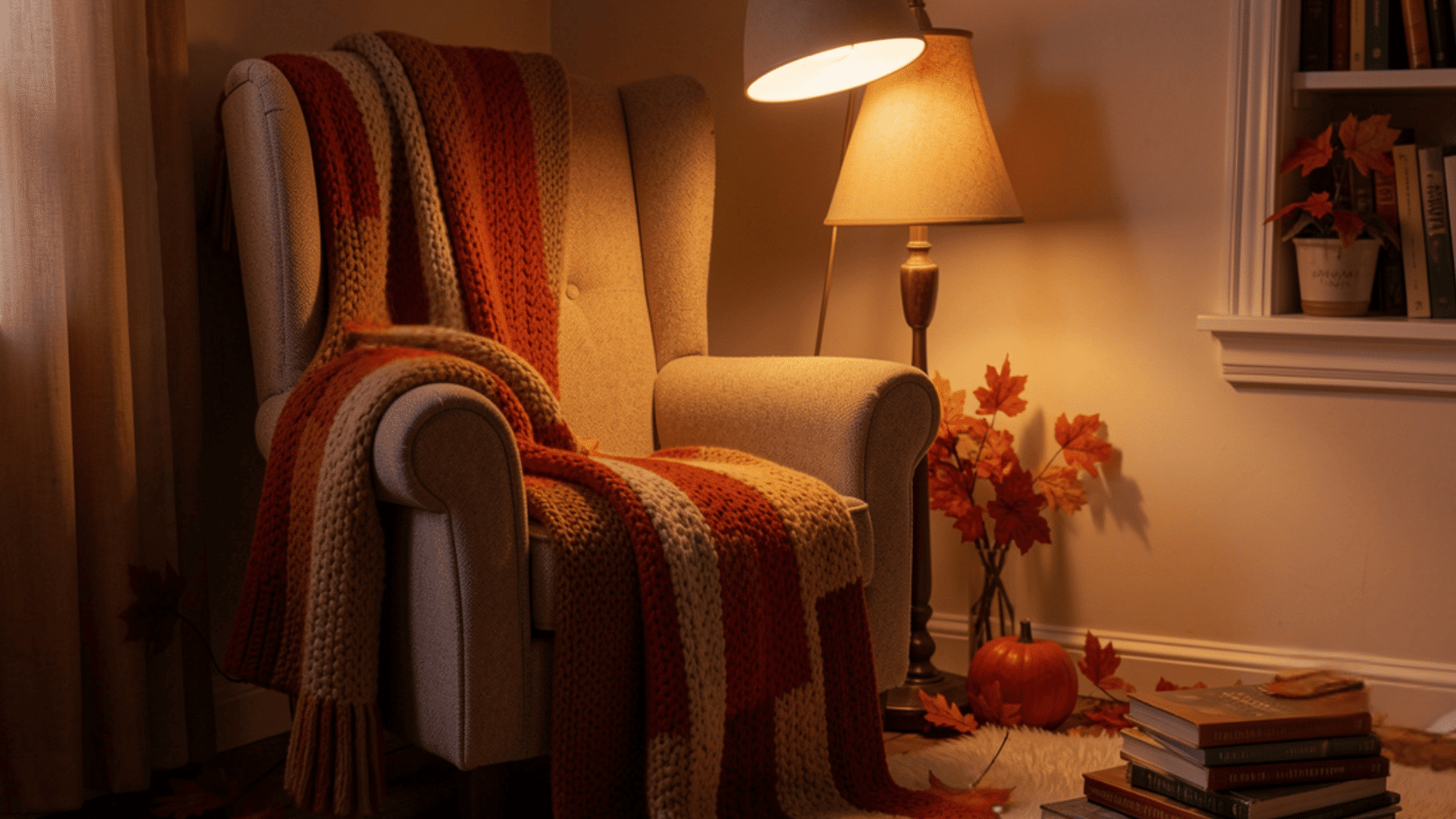 cozy reading corner with striped knitted blanket warm lamps autumn leaves and books on soft rug