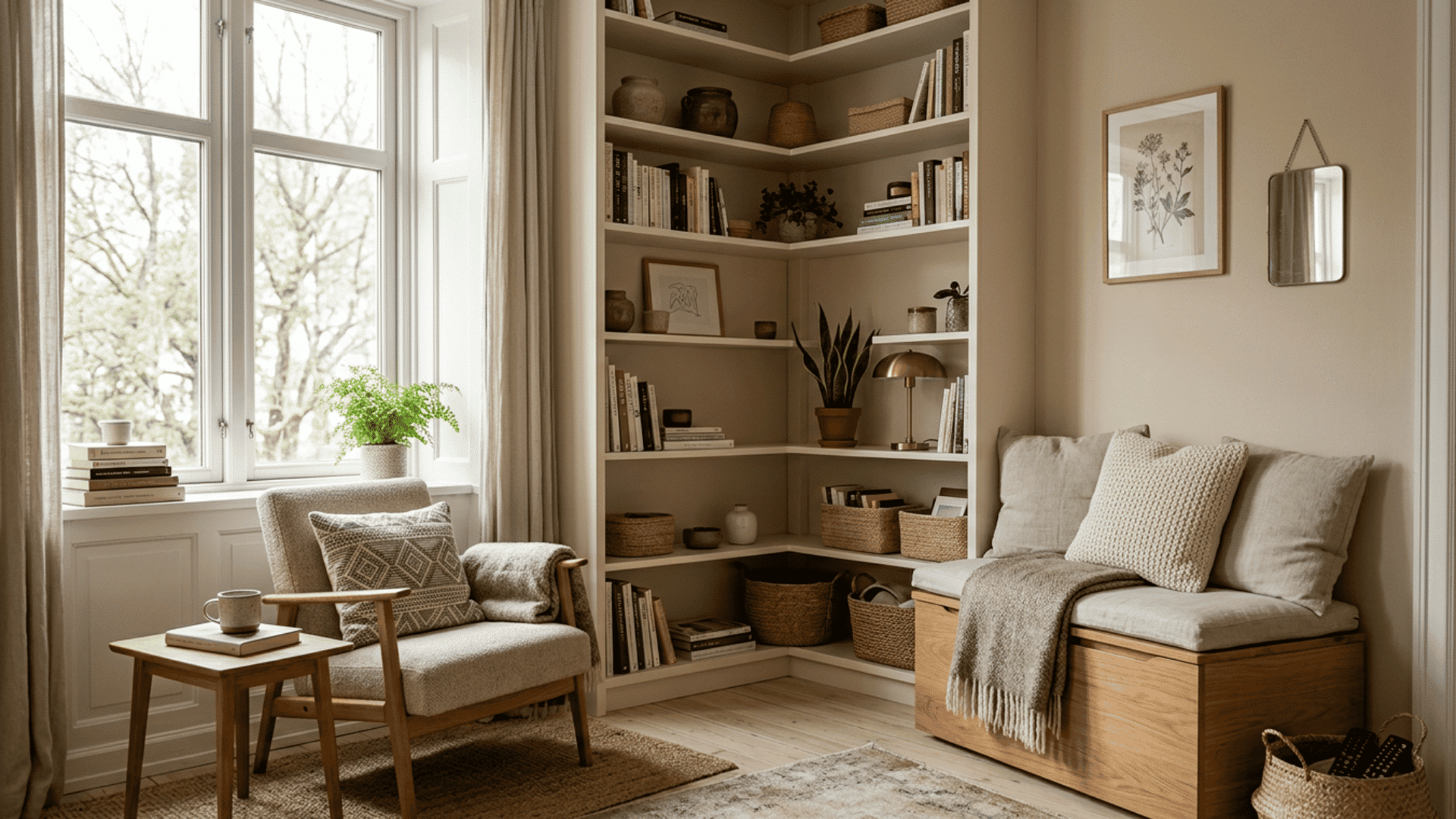 cozy reading nook with built in shelves soft neutral decor and warm natural window light