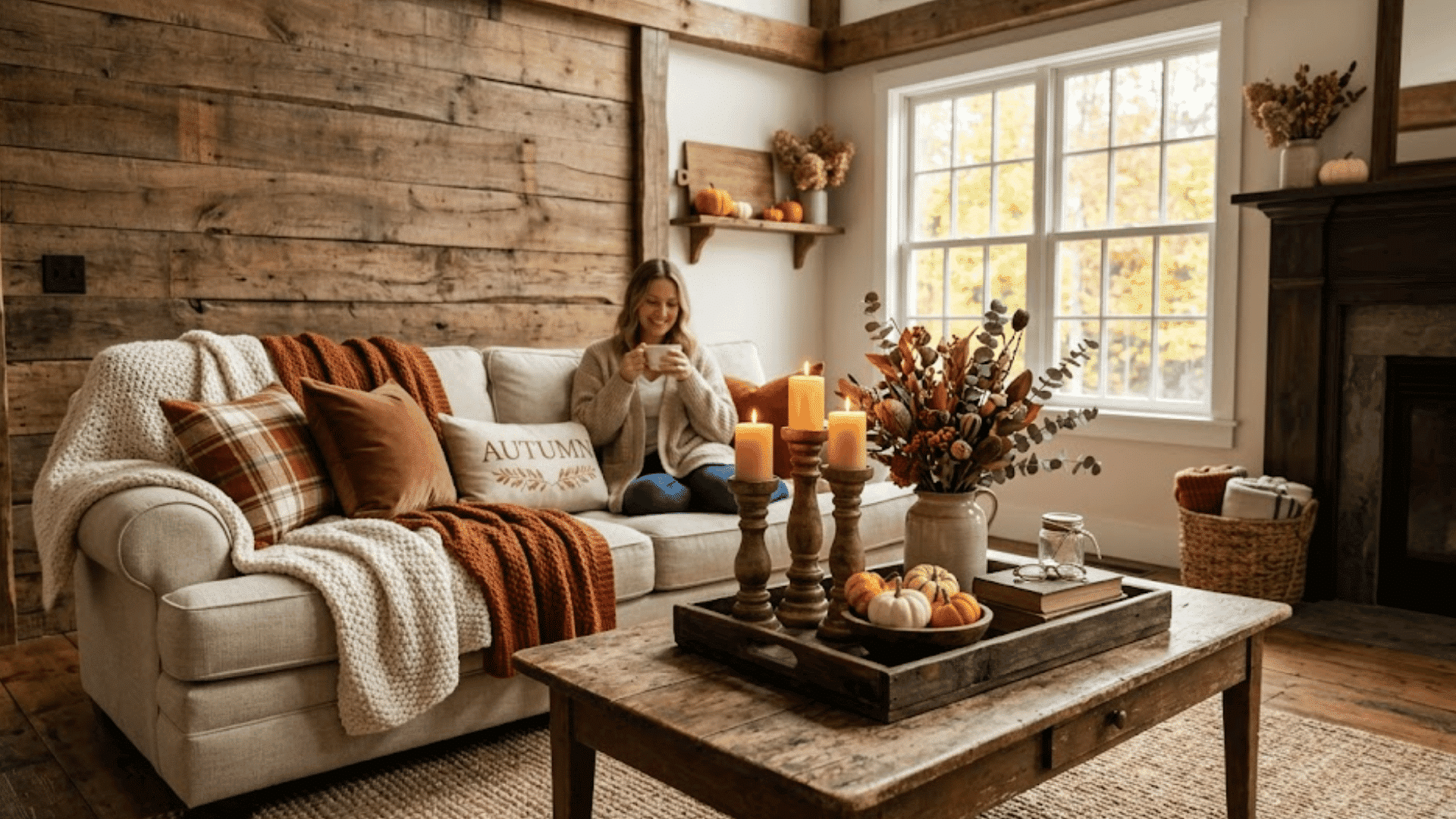 cozy rustic living room with autumn candles pumpkins soft blankets and warm farmhouse fall decor