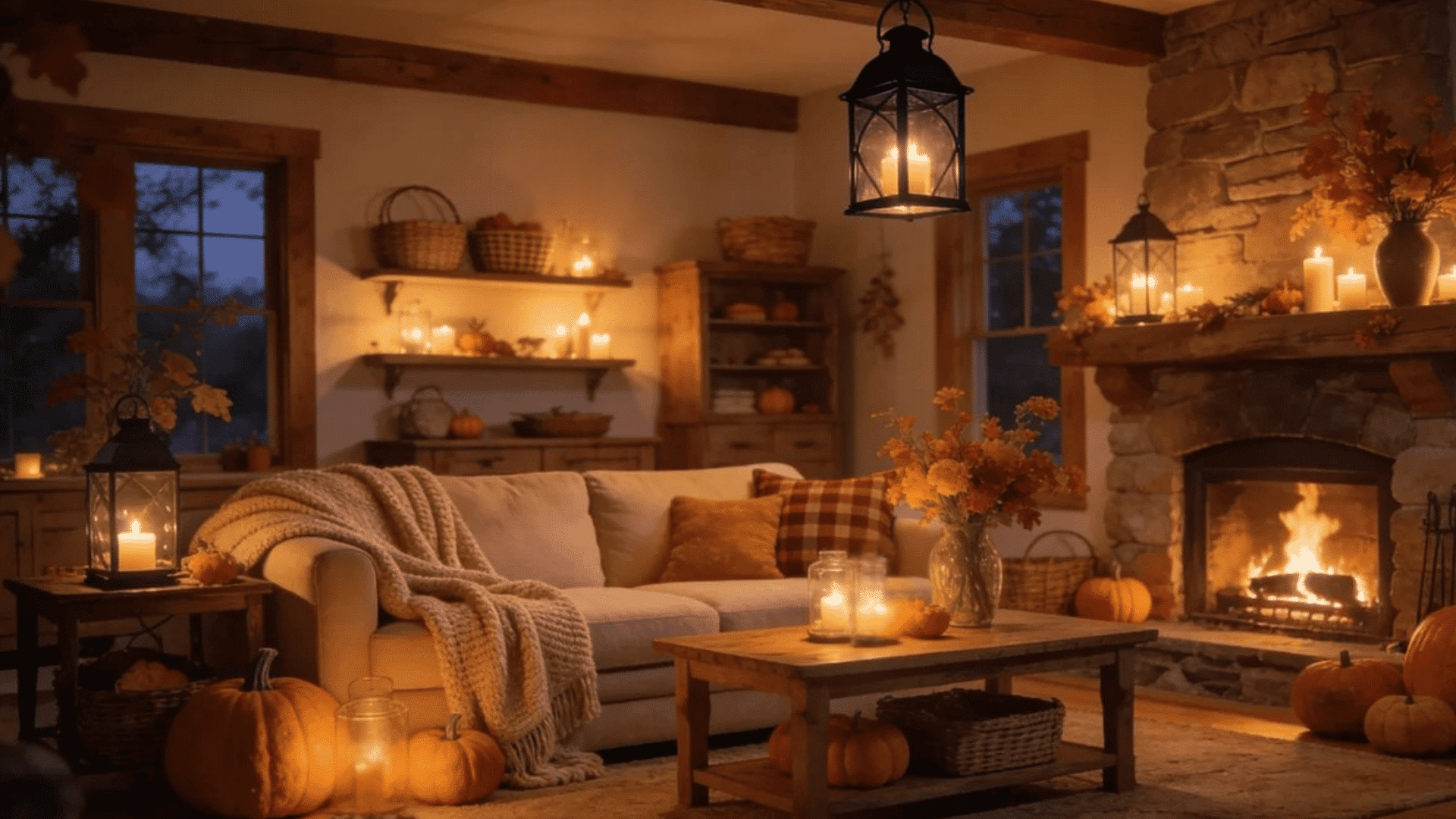cozy rustic living room with fireplace lanterns pumpkins and glowing candlelit autumn decor accents
