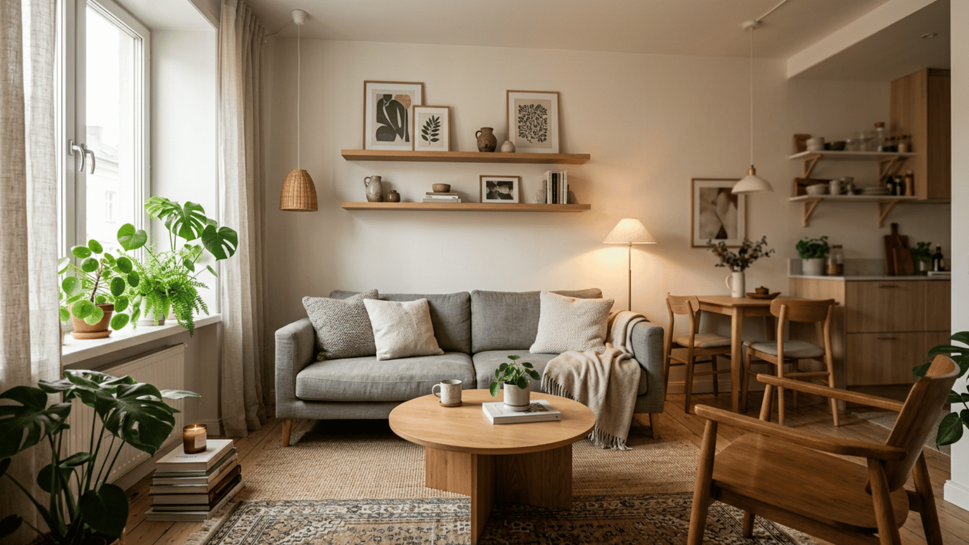 cozy scandinavian living room with soft lighting wooden furniture indoor plants and neutral decor