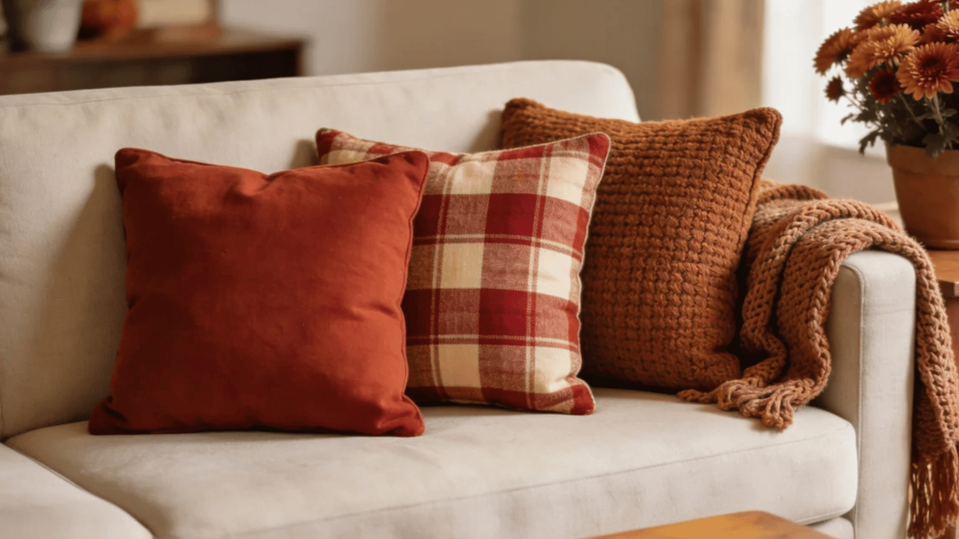 cozy sofa with velvet plaid and knit pillows paired with warm autumn throw and soft seasonal decor