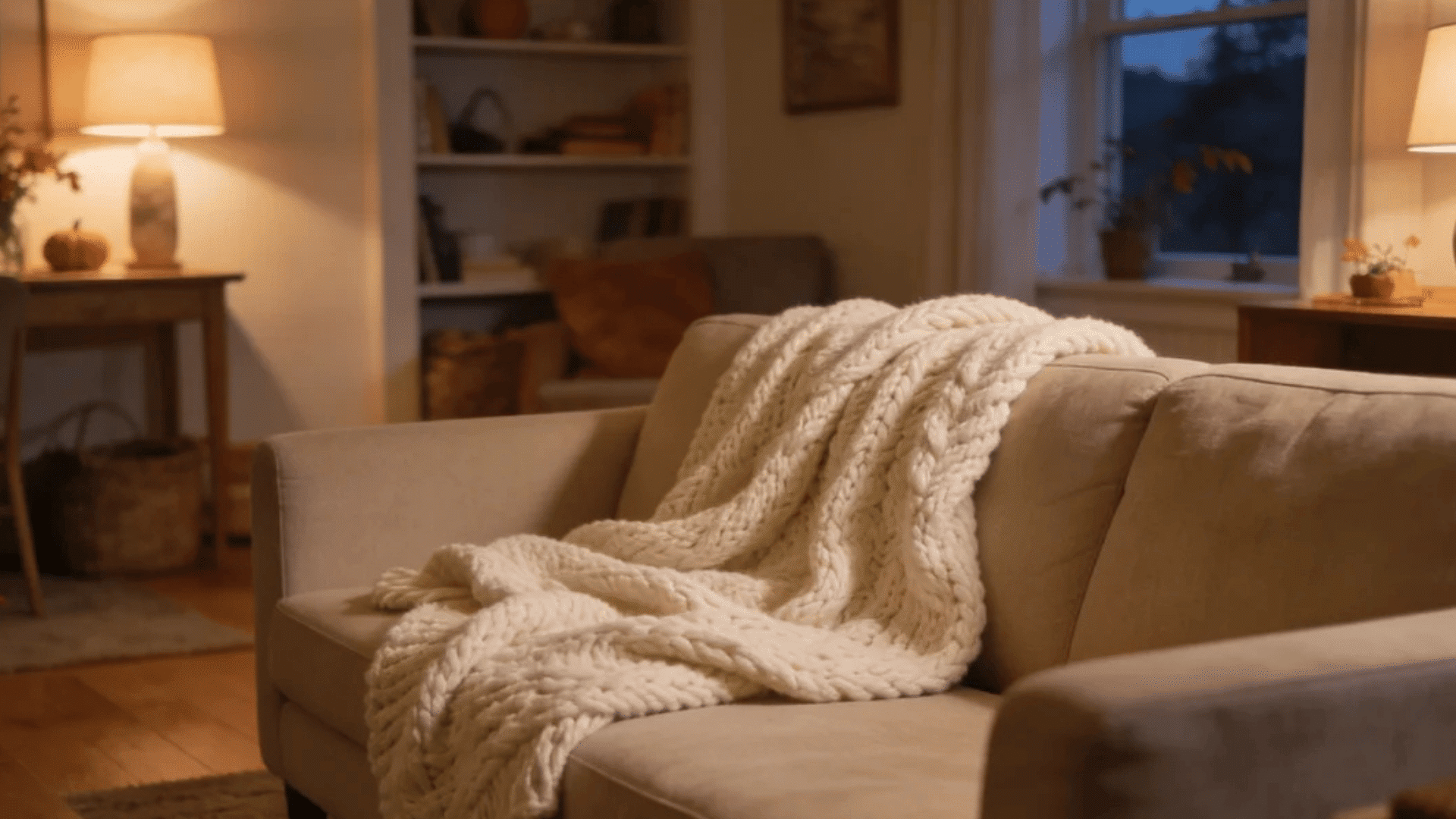 cozy living room with soft lamps and knitted blanket draped across beige sofa