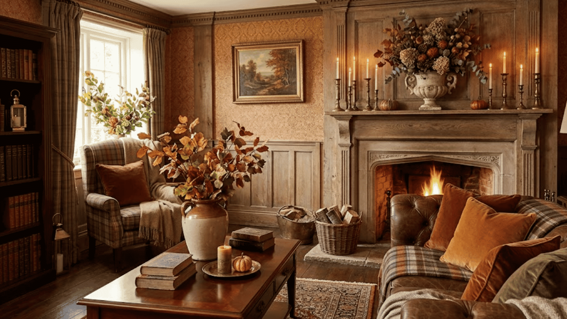 cozy vintage living room with fireplace autumn flowers candles and warm rustic fall decor accents