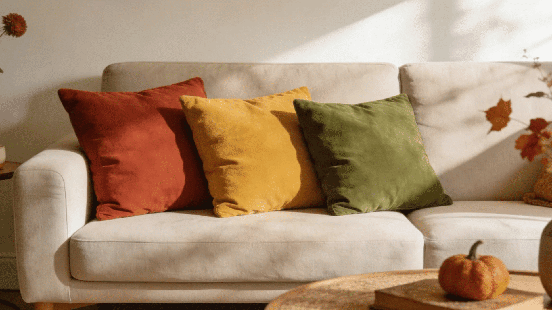 cream sofa with red yellow and green pillows beside autumn decor in warm sunlight