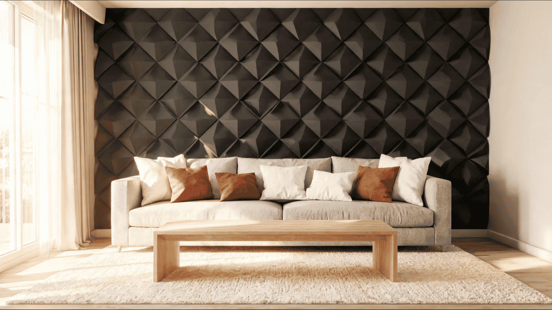 dark charcoal diamond panel accent wall in a living room with a gray sofa and warm natural light