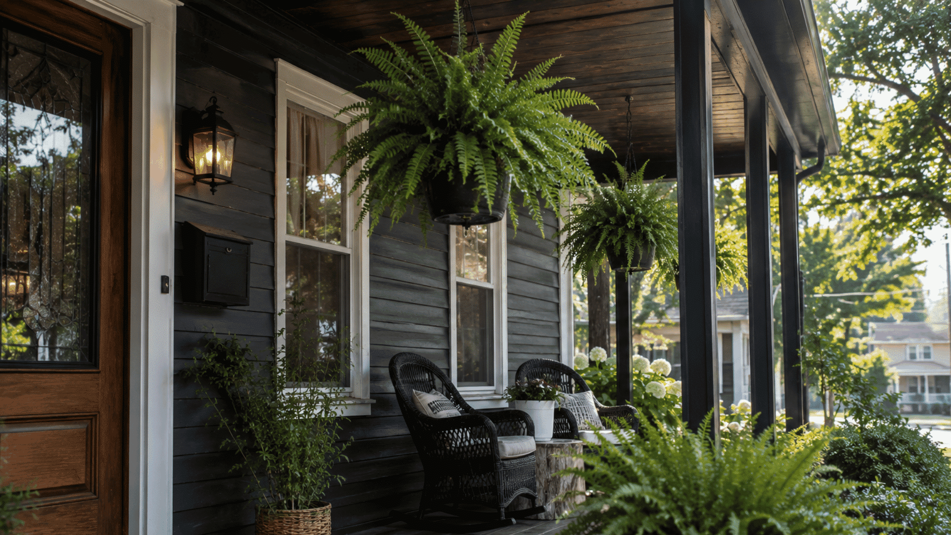 dark farmhouse porch with hanging fern plants wicker chairs and warm natural afternoon sunlight
