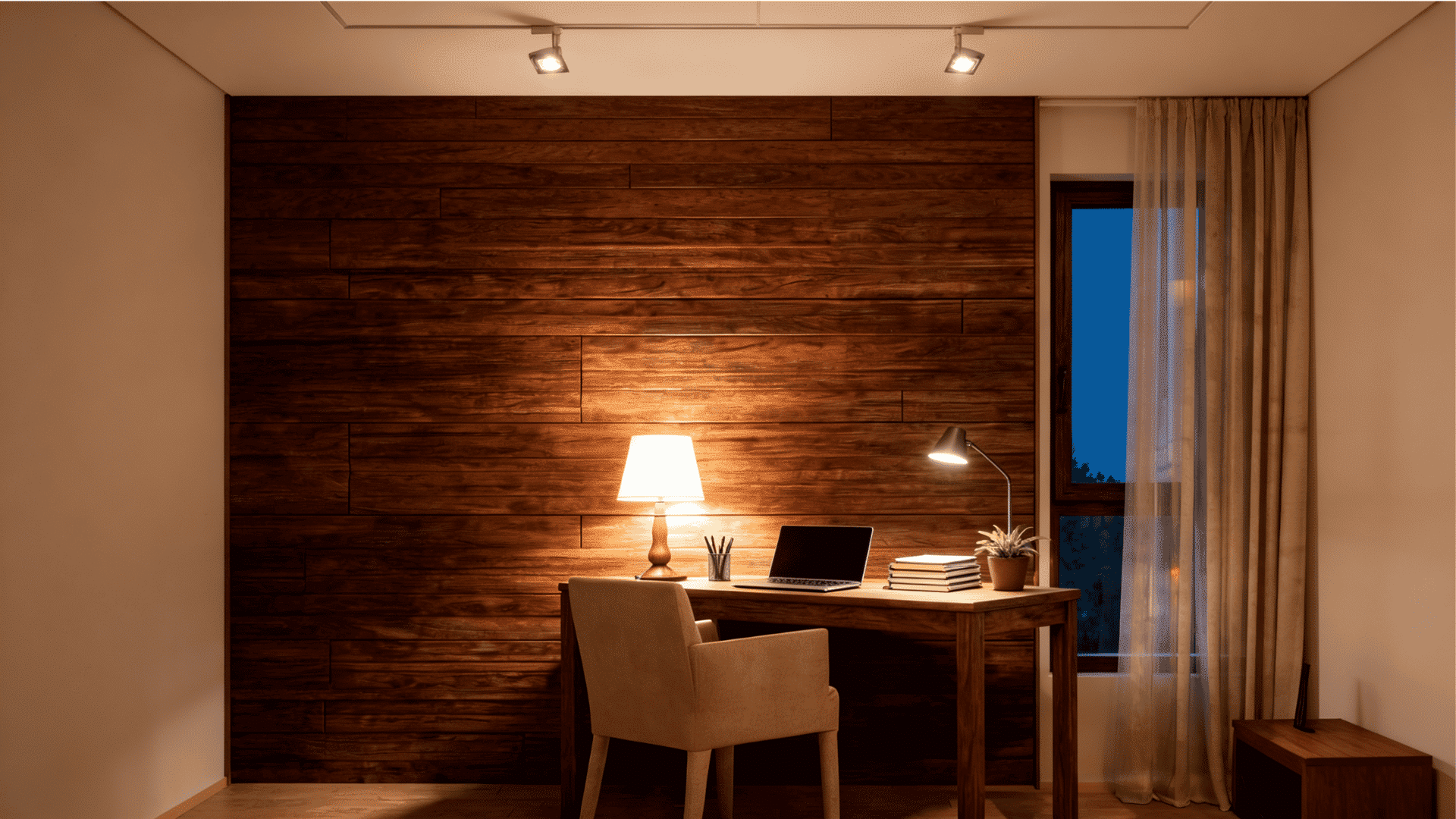 dark stained wood wall in home office