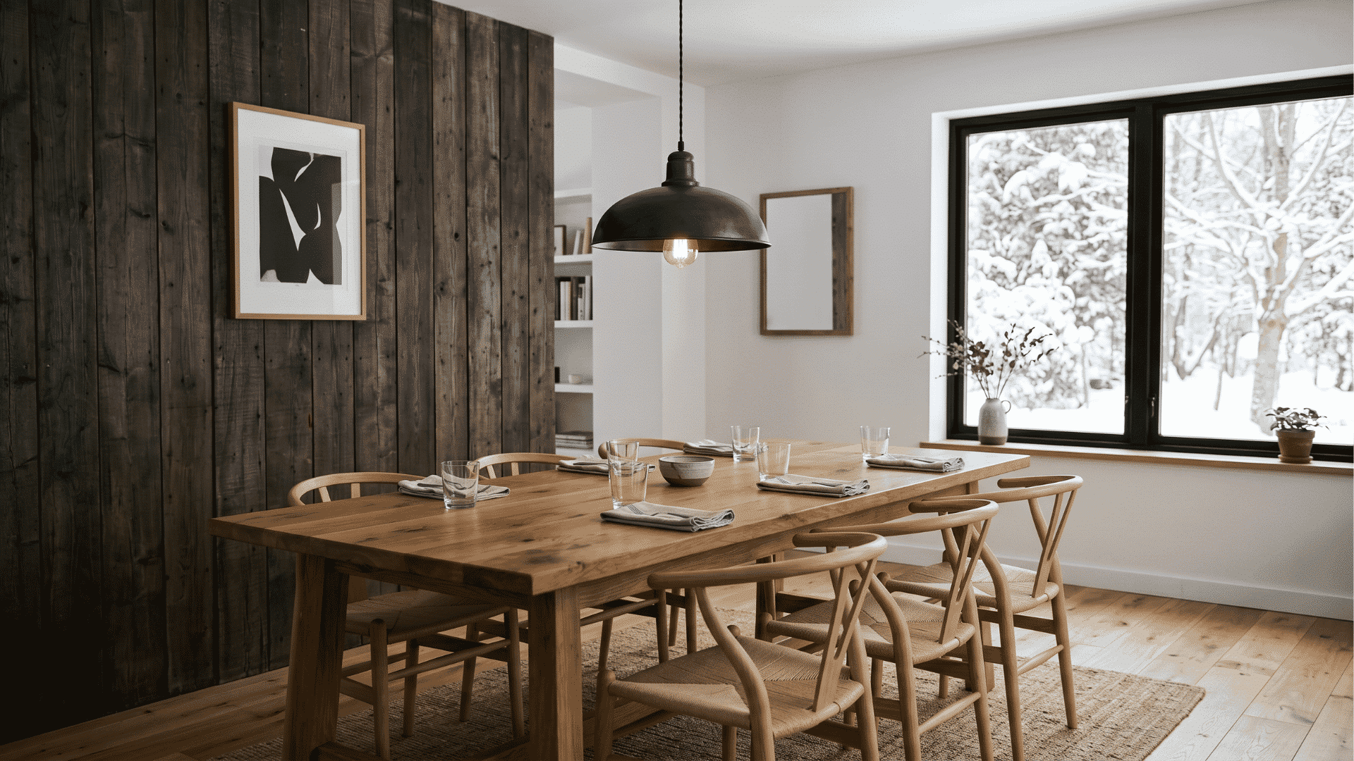 dark wood wall in a simple dining room