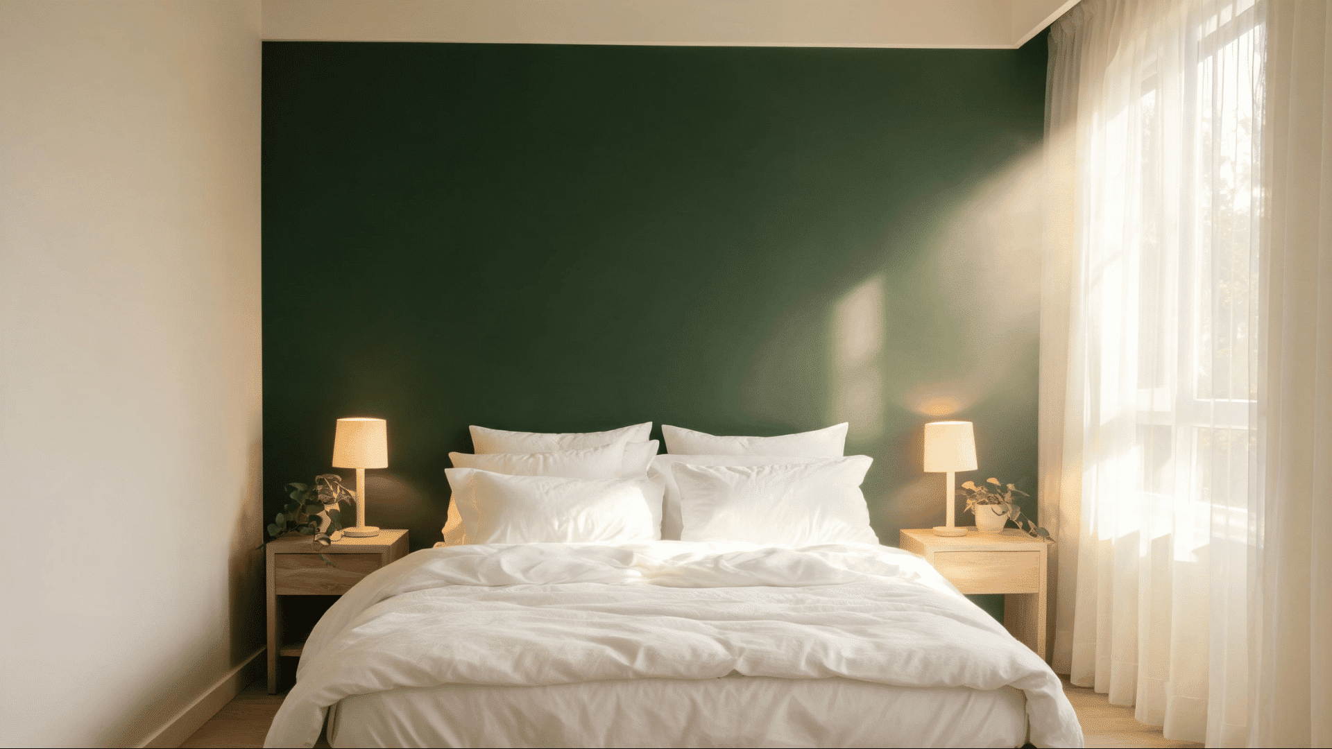 deep green bedroom accent wall with white linen bedding and wooden nightstands