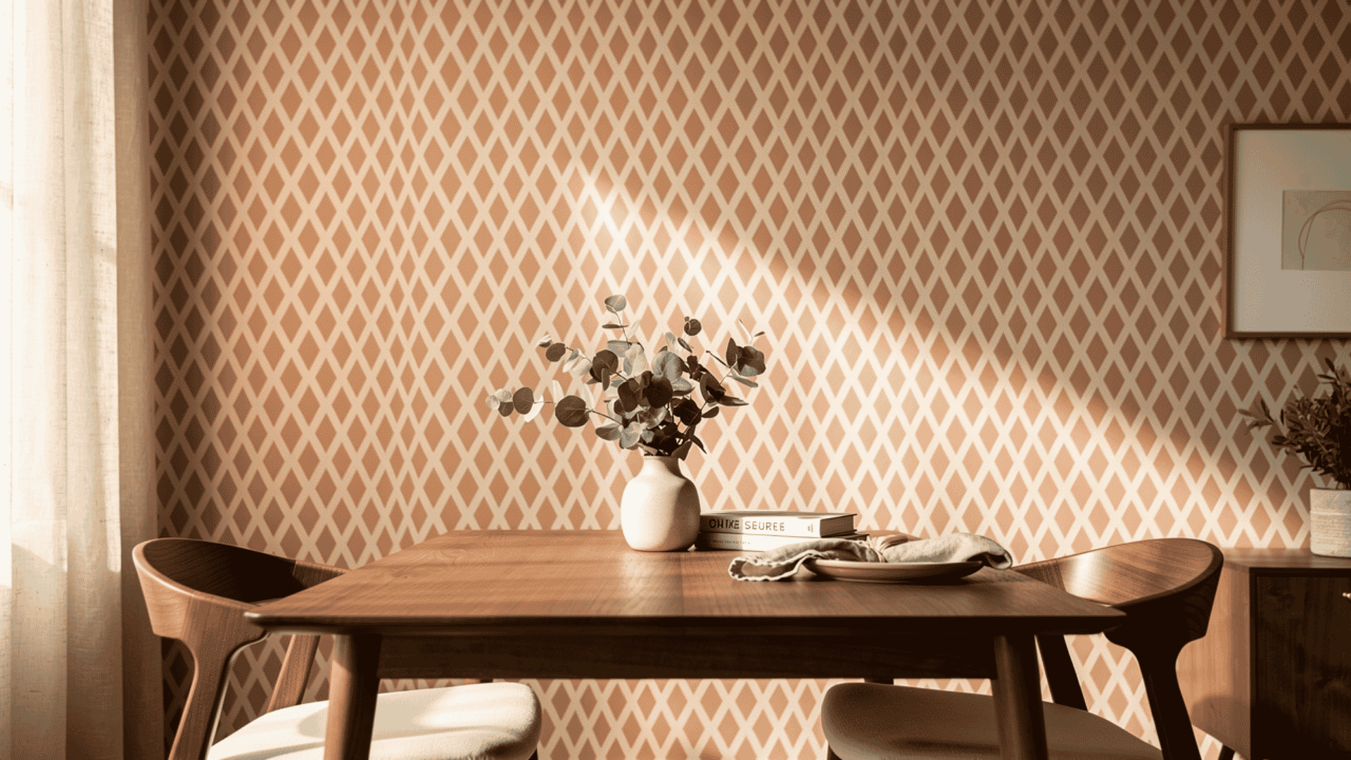 diamond pattern painted wall in a dining room